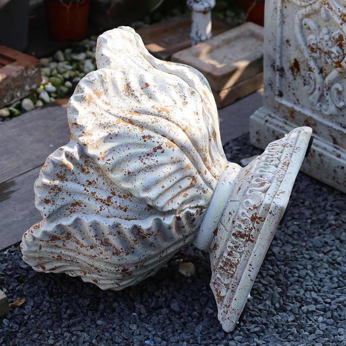 Vintage Garden Urn Planter with Pedestal, Cement and Fiber, Maked Antique, Decorative Leaf Pattern, 14.2x11.8 Inch Pot with 19.3 Inch Stand, Wrap Foam Safely Delivered from Local Warehouse (Antique)