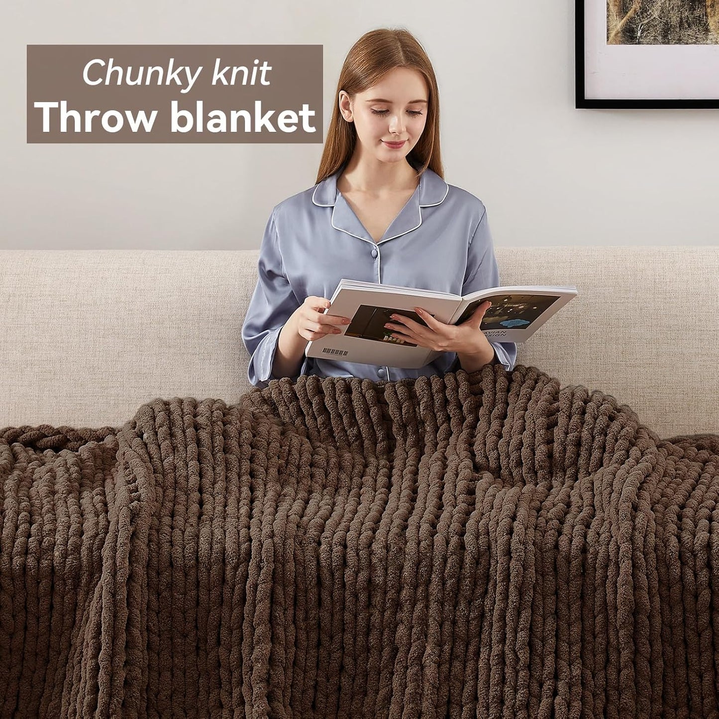 Chunky Knit Throw Blanket, 30''*40'' Knitted Throw Chenille Yarn for Bed Couch, Handmade Dark Brown Crochet Big Thick Blanket, Machine Washable Cute Comfy Blanket for Home Decor