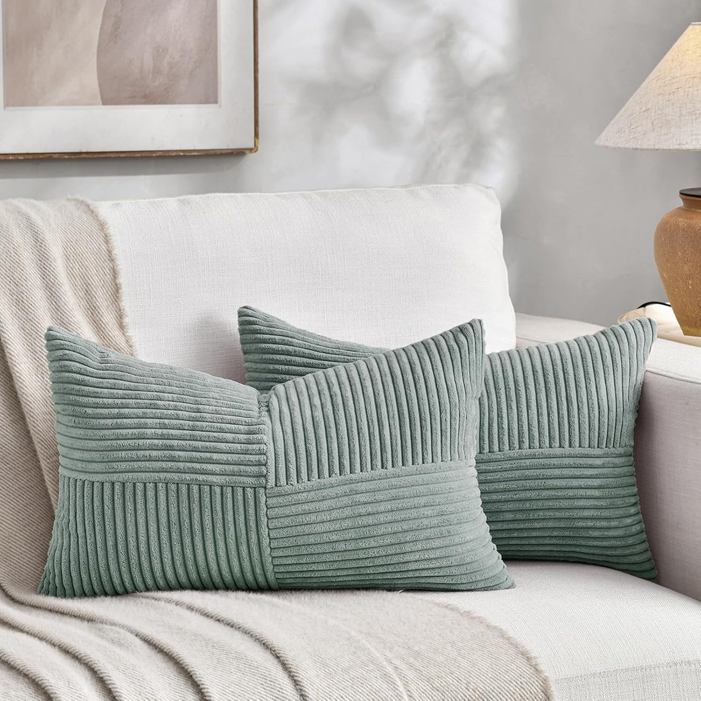 Fancy Homi 2 Packs Grey Blue Long Lumbar Decorative Throw Pillow Covers 12x24 Inch for Couch Bed Sofa, Rustic Farmhouse Boho Home Decor, Soft Striped Corduroy Rectangle Accent Cushion Case 30x60 cm