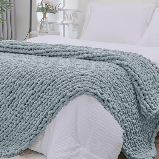 Bigacogo Chunky Knit Throw Blanket for Couch, 40x80 inches, 100% Hand Knitted with Thick Jumbo Chenille Yarn, Cozy Soft Large Rope Knot Cable Crochet Blankets for Sofa Bed Living Room, Dusty Blue
