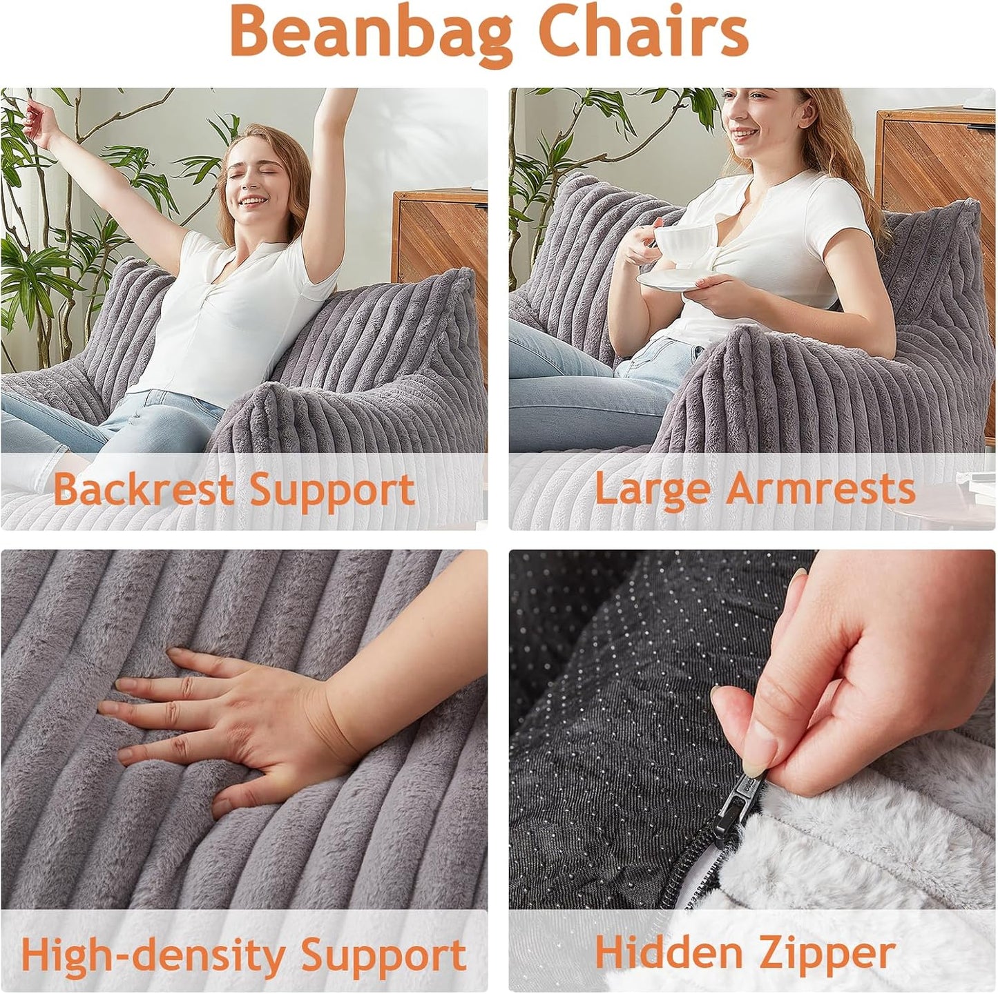 Giant Bean Bag Chairs for Adults with Filling Plush Fluffy Bean Bag Chairs for Teens with Armrests Comfy BeanBag Lazy Couch Sofa Chair for Bedroom Living Room Reading