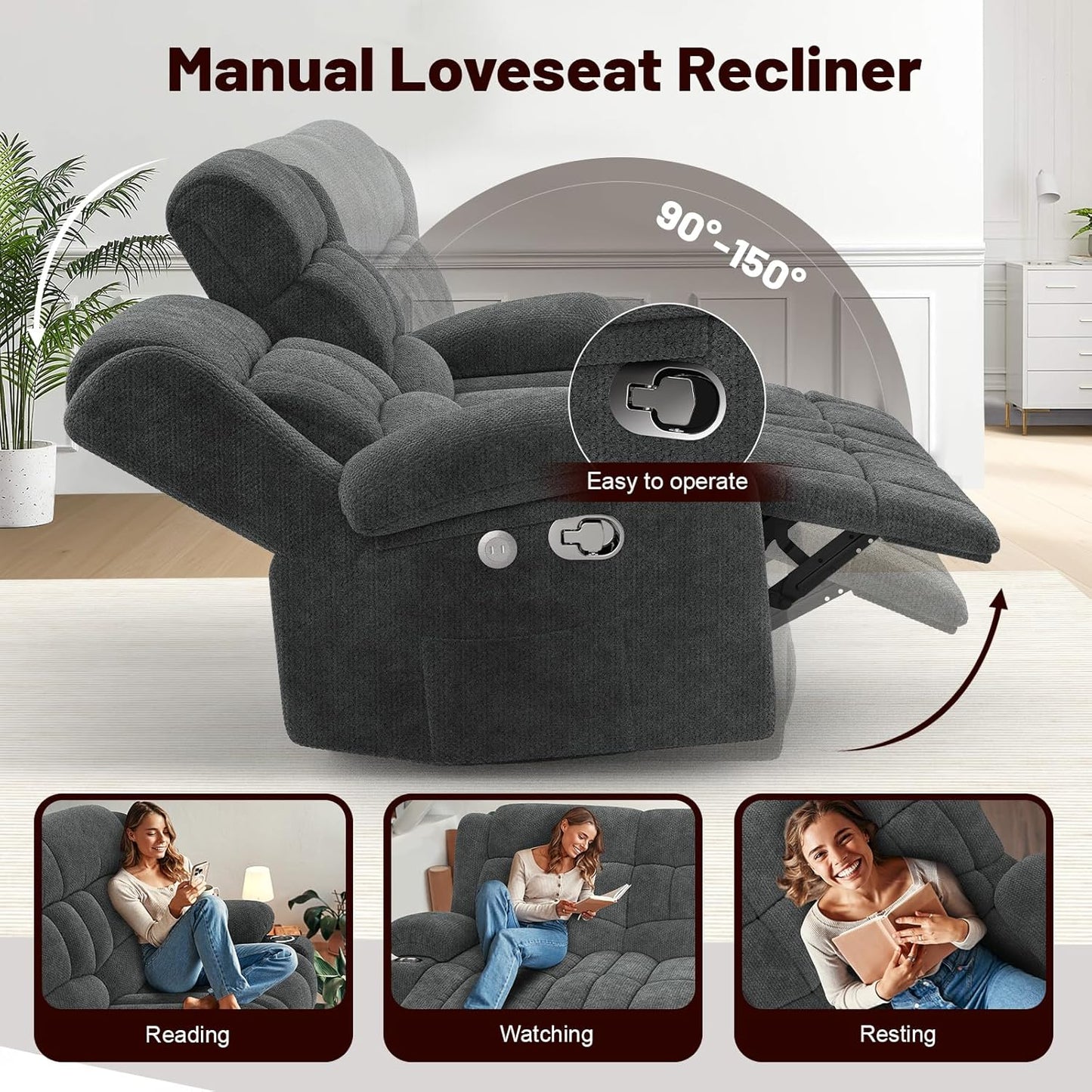 Loveseat Recliner Sofa, 2 Seater Minimalist Style Fabric Manual Pull Tab Reclining Loveseat with USB Charge Ports, Cup Holders, Recliner Love Seat Couches for Living Room, RV, Gray