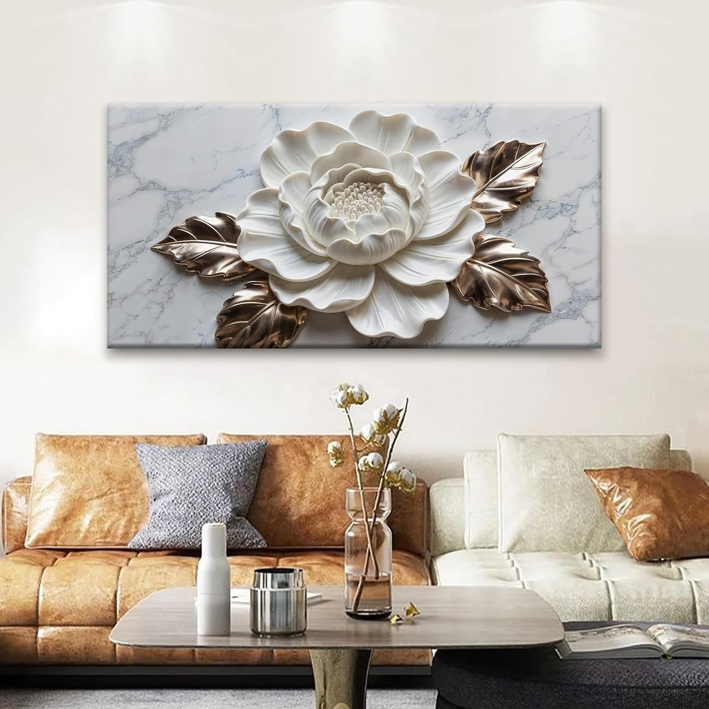 Wall Art Living Room Marble Texture Wall Art Modern White Flower Canvas Art Wall Decor Home Wall Decor Suitable Pictures For Bedroom Apartment Office Can Be Hung 24" × 48"