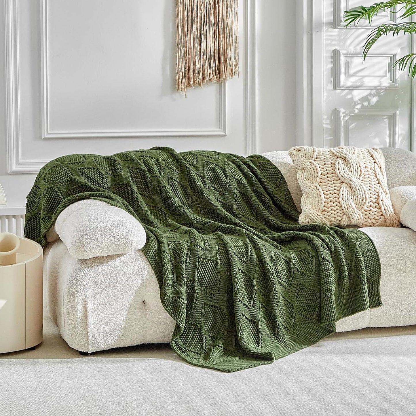 Longhui bedding Chunky Cotton Knit Throw Blanket for Couch, Sofa, Bed, or Chair, Decorative Breathable Fall Cable Knit Blanket 51 x 63 Inches, Olive Green