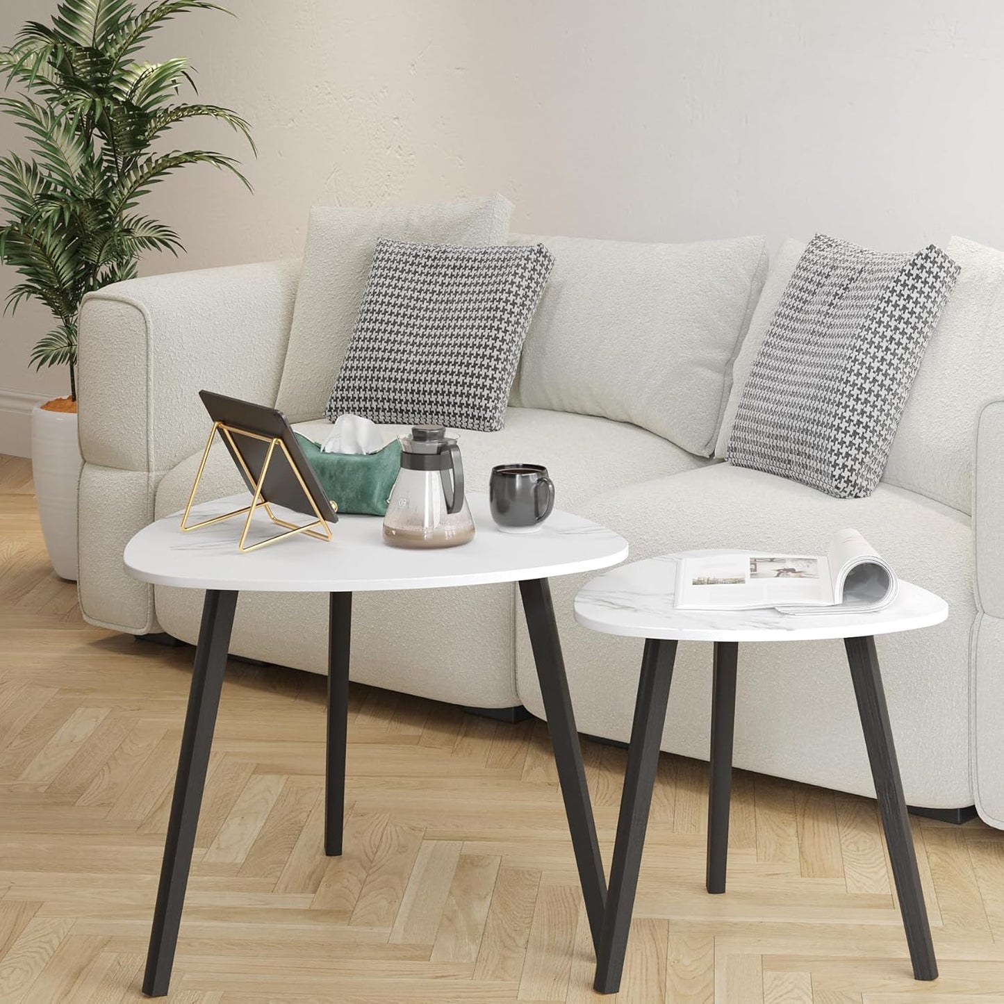 BAMEOS Bamboo Nesting Triangle End Table,Set of 2 Coffee Table Modern Minimalist Side Table for Living Room (Marble White)