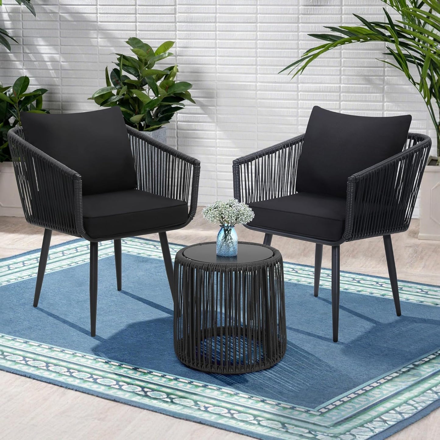 Kromax 3 Pieces Patio Rattan Bistro Conversation Set, Outdoor All-Weather Wicker Furniture Chairs and Side Table Set Ideal for Balcony, Porch and Backyard, Black