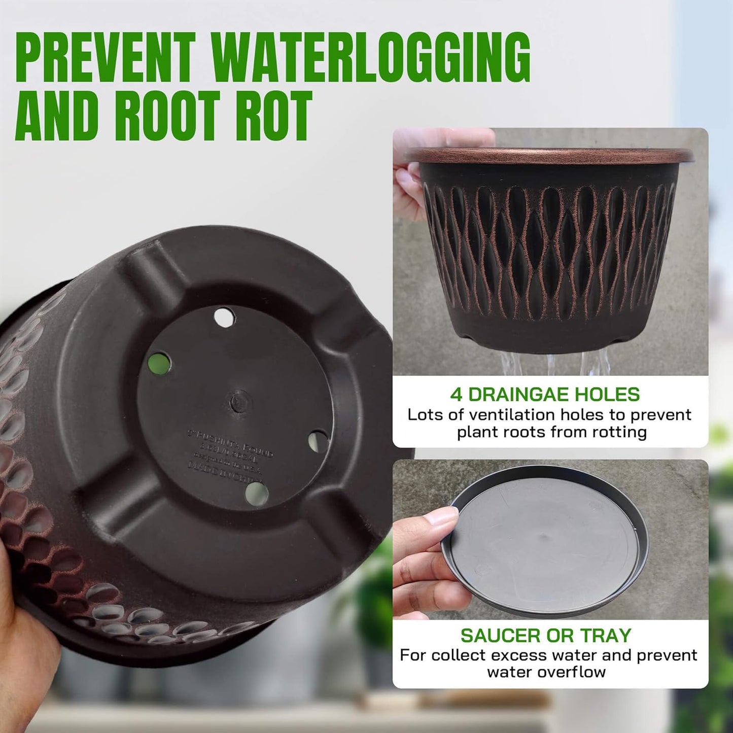 4 Pack 12 Inch Retro Plant Pots, Vintage Striped Flower Pots with Drainage Hole & Saucer, Large Plastic Planters for Indoor and Outdoor Plants, Decorative Garden Pots(Copper)