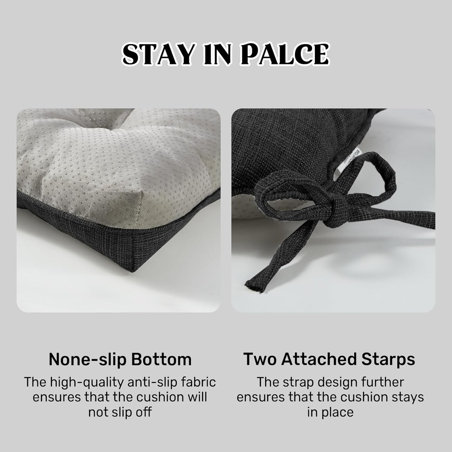 puredown® Chair Cushions for Dining Chairs, Tufted Memory Foam Chair Pads with Non-Slip Backing, Kitchen Seat Cushions with Ties, Washable Seat Pad Set of 4, 15.5" x 15.5" x 4", Black