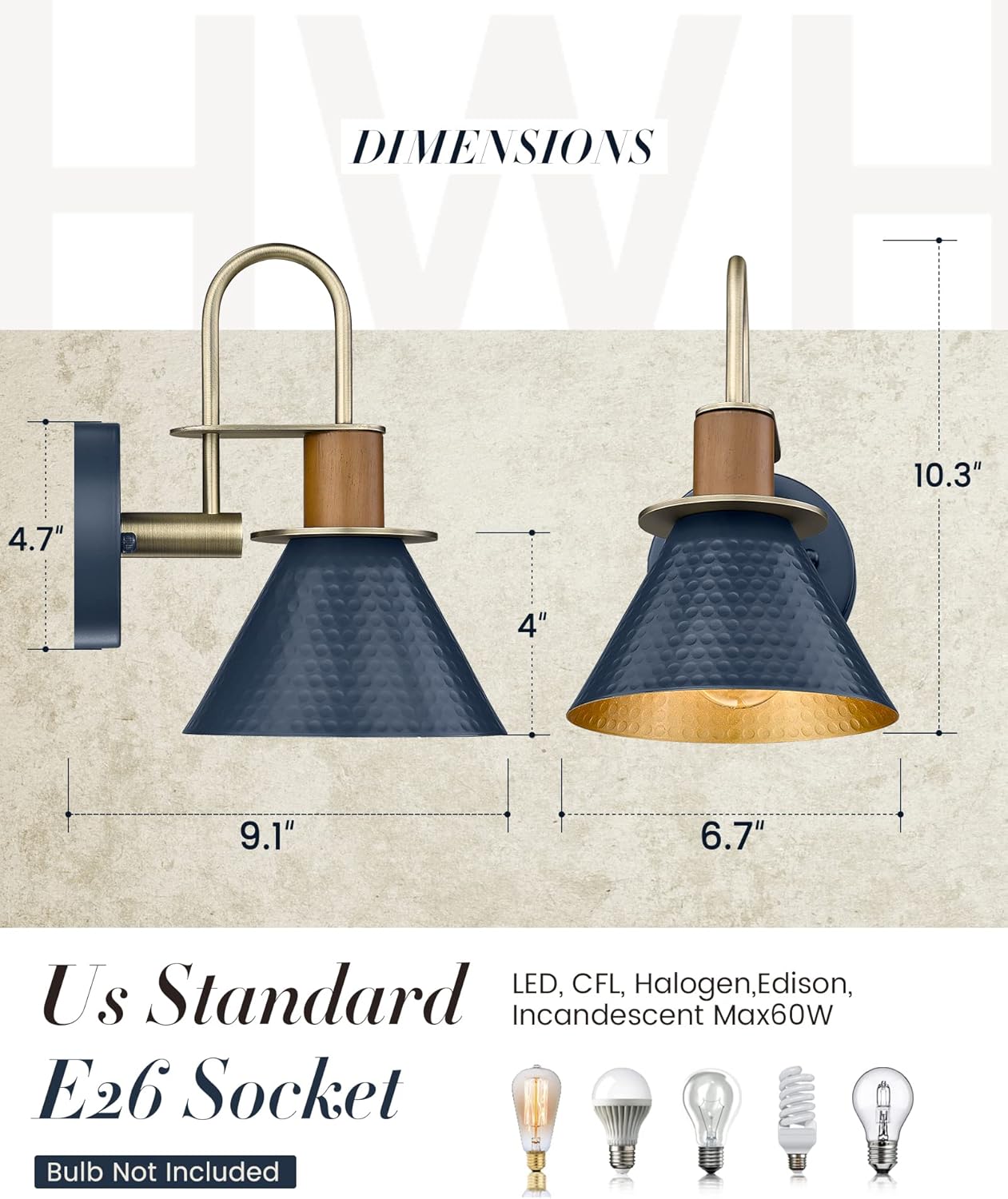 HWH Rustic Wall Sconces, Industrial Sconce Wall Lighting Indoor Wall Lamp, Gooseneck 1-Light Barn Vanity Light for Bathroom Bedroom Bedside, Hammered Metal Shade, Navy Blue Finish, 5HZG74B BL+BG