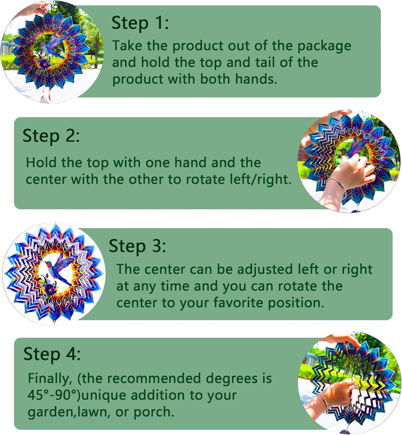 Hummingbird Wind Spinner,Hanging Wind Spinners Outdoor for Garden Decoration，12 inch 3D Stainless Steel Wind Sculpture for Indoor/Outdoor Decor