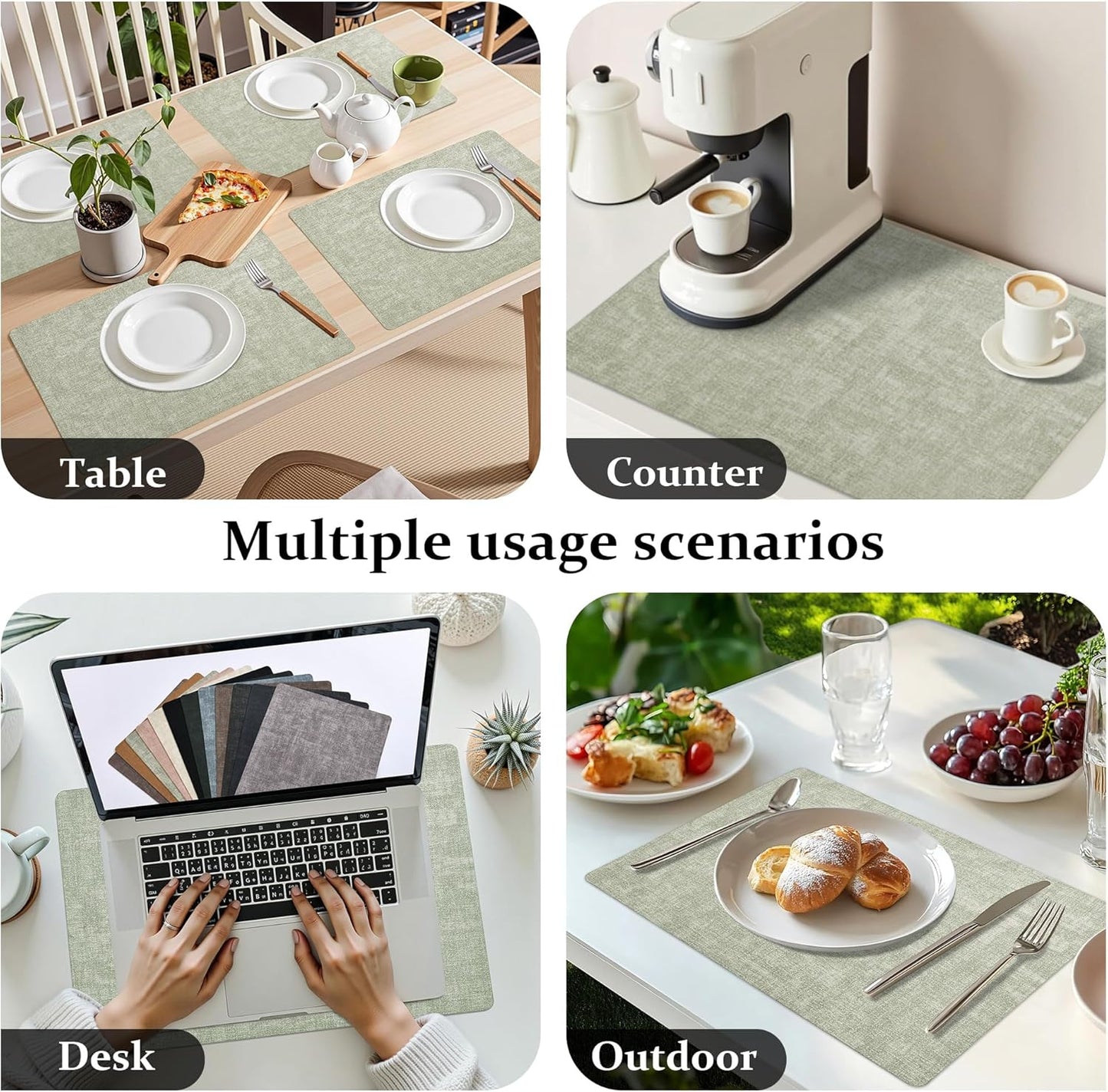 FROMHEART Faux Leather Placemats Set of 6–Waterproof,Heat/Oil Stain-Resistant PU Table Mat–Reversible,Non-Slip,Easy to Clean Place Mats for Kitchen,Dining,Indoor/Outdoor,(Light Green,11.8" x 17")