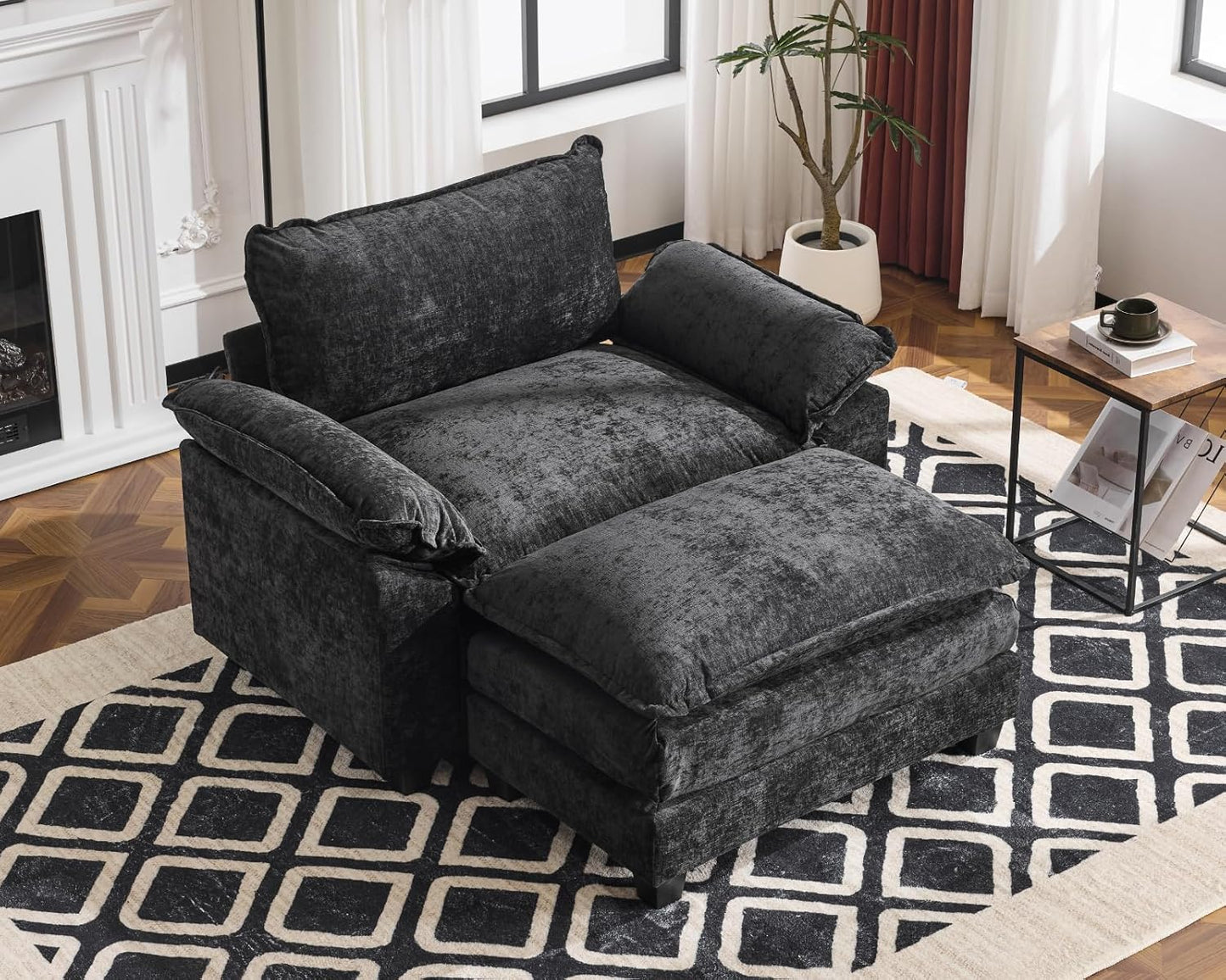 Karl home Oversized Accent Chair Chenille Sofa with Chaise, Modern Sofa Chair with Removable Ottoman Modular 1-Seater Couch and 2-Layer Ottoman for Living Room, Apartment, Studio, Black