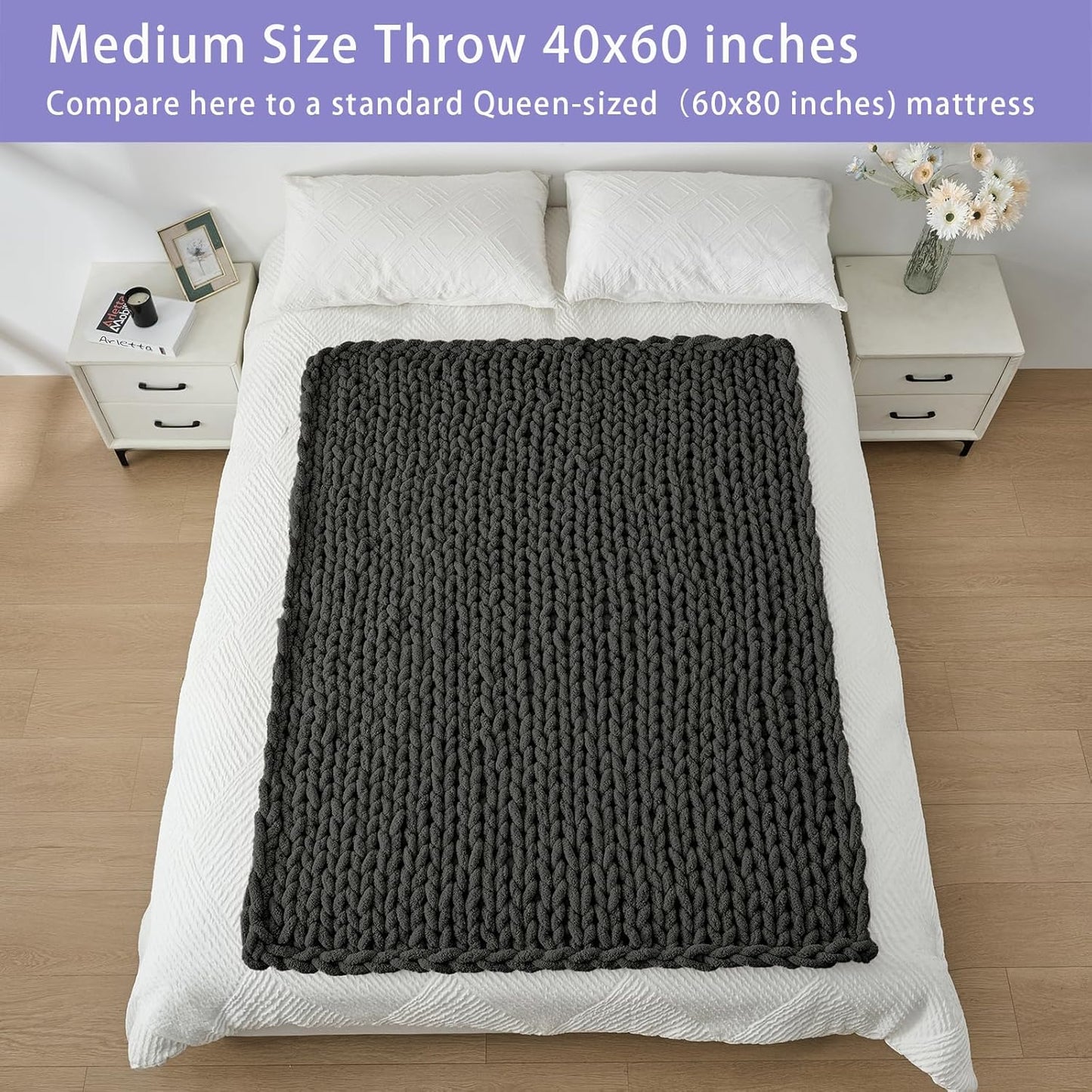 Bigacogo Chunky Knit Throw Blanket for Couch, 40x60 inches, 100% Hand Knitted with Thick Jumbo Chenille Yarn, Cozy Soft Large Rope Knot Cable Crochet Blankets for Sofa Bed Living Room, Dark Grey