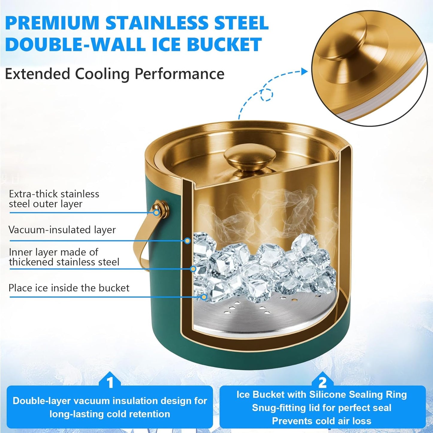 Ice Bucket, Green Ice Bucket 3L with Silicone Sealing Ring Double-Wall Vacuum Insulation Champagne Buckets with Filter Layer Ice Tongs Ice Scoop (Green, 3 L)