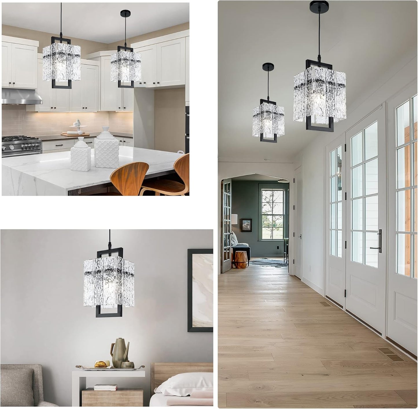 IKK Black Crystal Pendant Light for Kitchen Island, Luxury Water Ripple Glass Chandelier Lights Fixture, Modern Elegant Adjustable Pendant Lighting for Dining Room Bedroom, E12 Bulb, L6.5'' x H11.8''