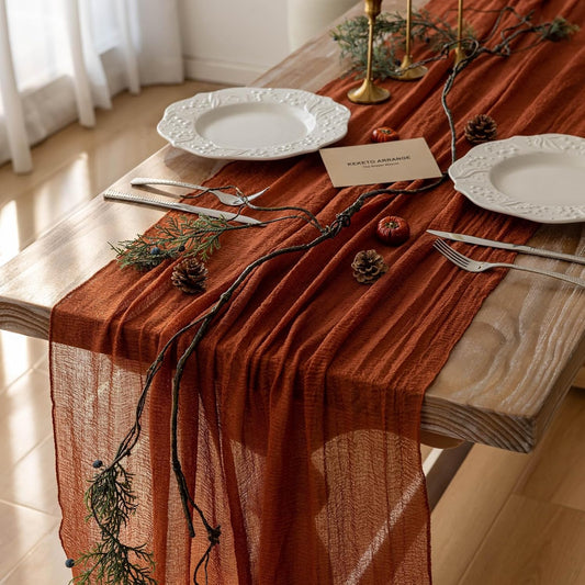 6pcs Fall Terracotta Table Runner Rust Gauze Rustic Cheesecloth 120 Inch 10 FT for Wedding Baby Shower Bridal Shower Birthday Engagement Garden Party Sheer Boho Thanksgiving Decorations