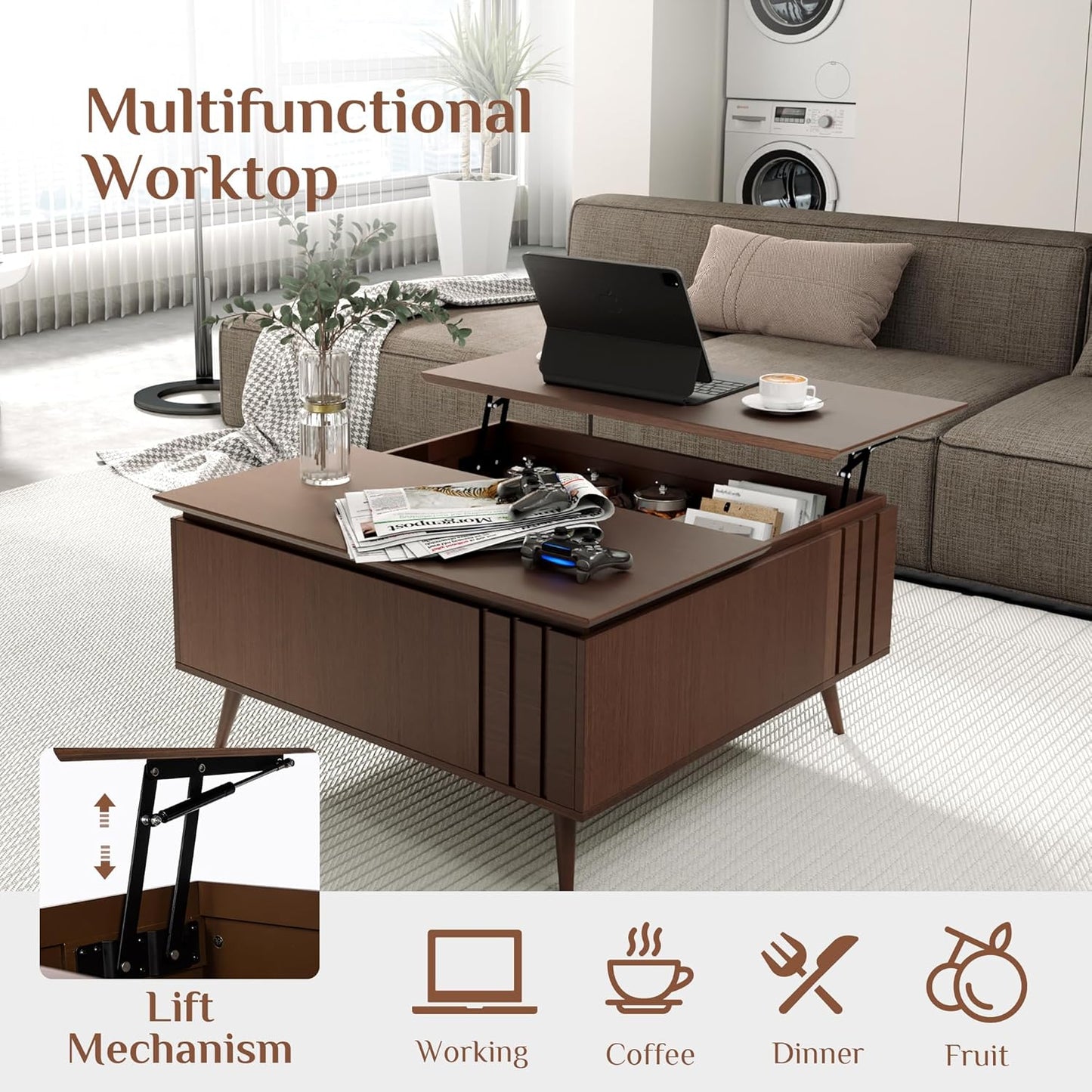 36.2" Lift Top Coffee Table with Storage, Large Square Coffee Tables with Hidden Compartment, Mid Century Modern Center Table for Home Office,Living Room,Dark Walnut