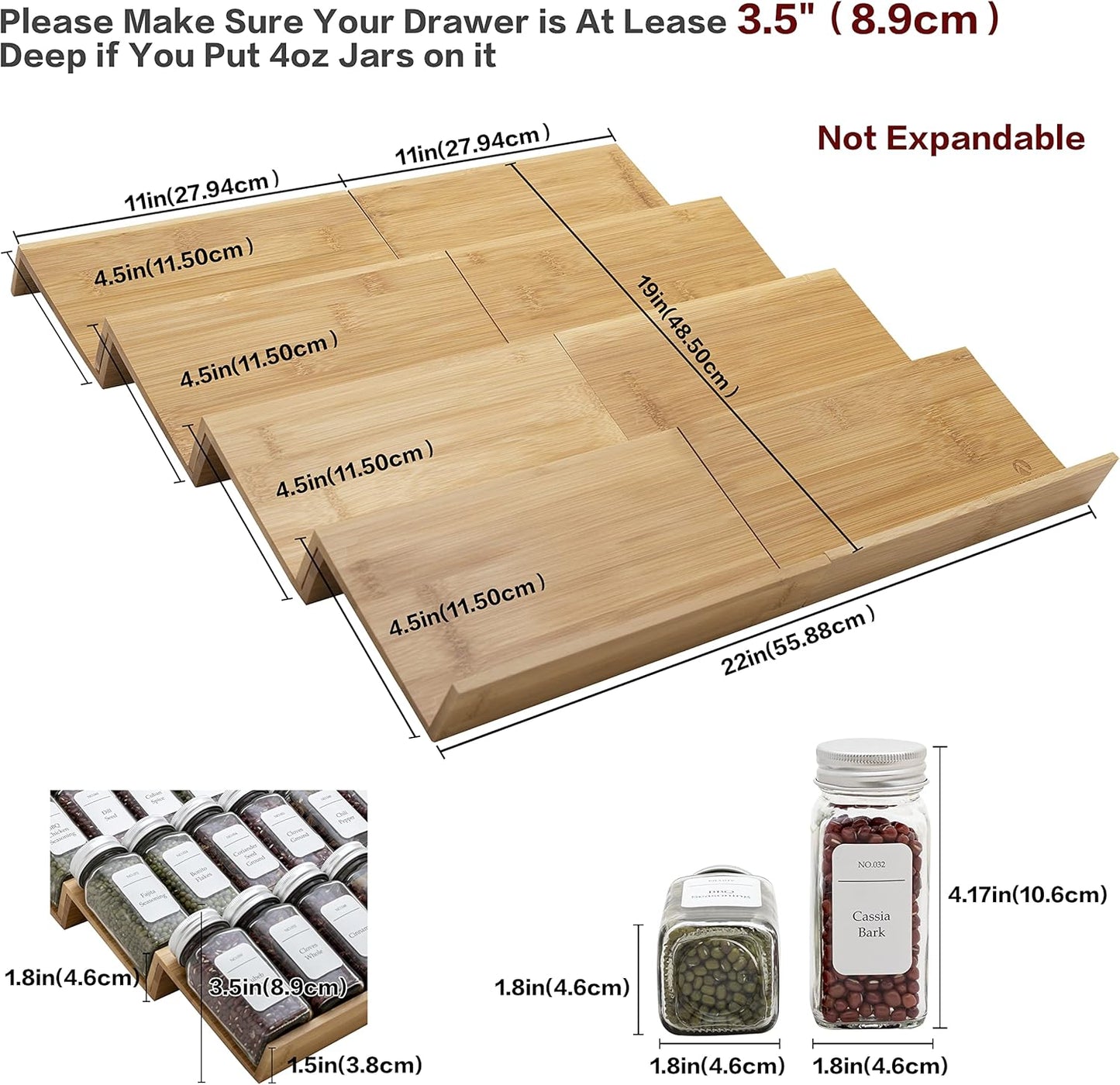 Bamboo Spice Rack Drawer Organizer - 8 Pieces Set- 11" Wide Per Piece - Combine Pieces Into 22" Wide Rack (11" or 22")