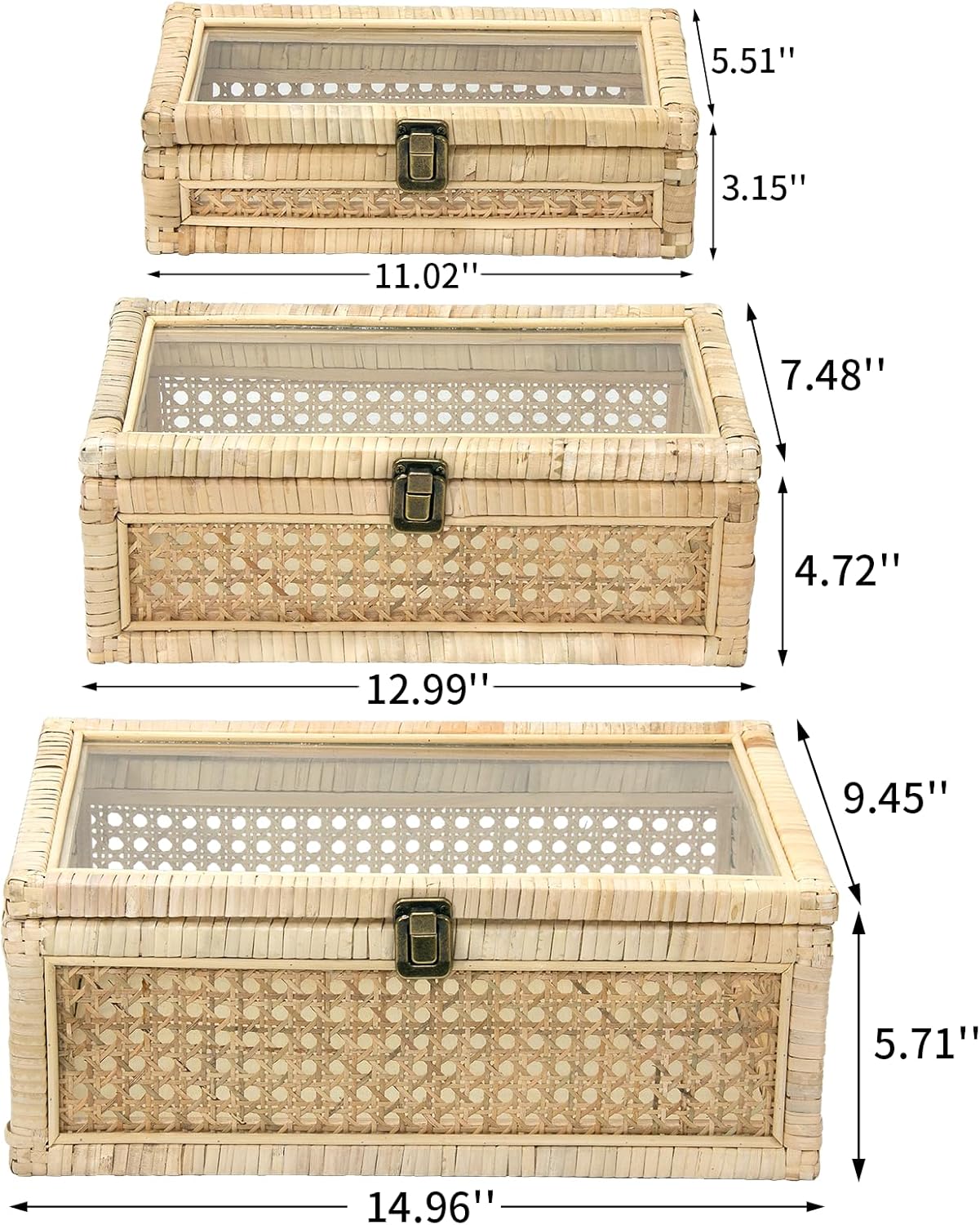 Rattan Decorative Boxes with Glass Lids, Set of 3 Sizes Boho Natural Hand-woven Cane Home Decor Organizers Storage Bins, Display Boxes Natural Finish