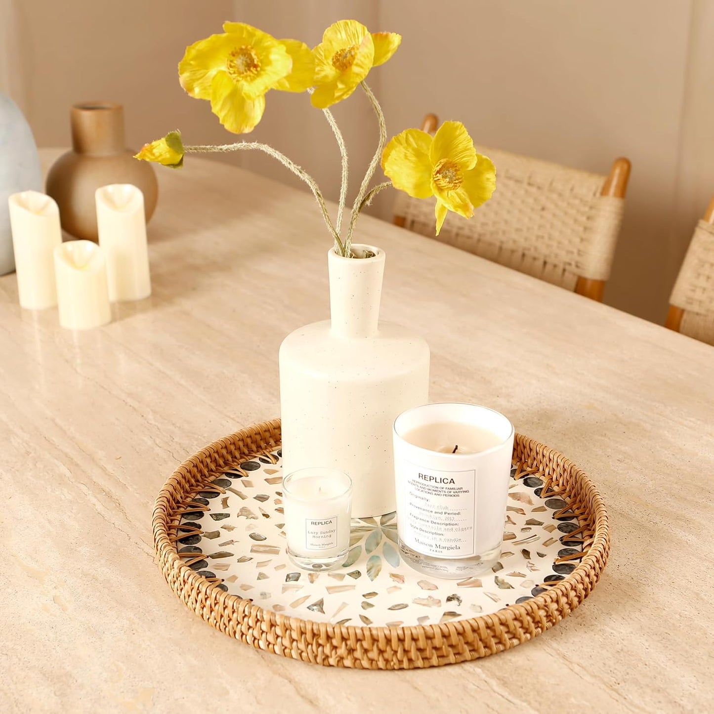 Round Rattan Tray with Mother of Pearl Inlay & Wooden Base - Decorative Wicker Serving Tray for Coffee/Bread/Fruits, Food Storage & Display - Multipurpose Home Decor (M,Fish Scales)