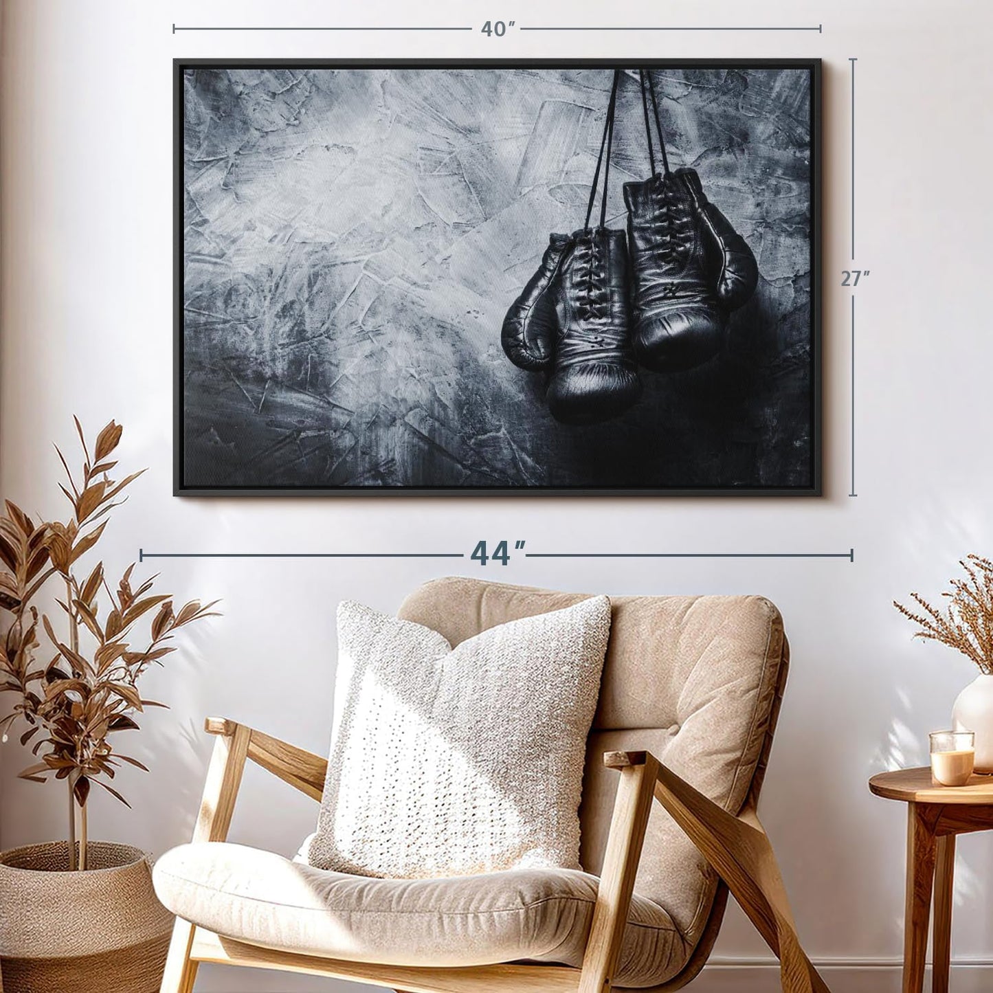 ElephantStock Boxing Gloves Wall Art - Horizontal Framed Canvas - 1-Piece Living Room Wall Decor - Photography Sports Canvas Print - Black and Gray Decor for Wall - 40" X 27"