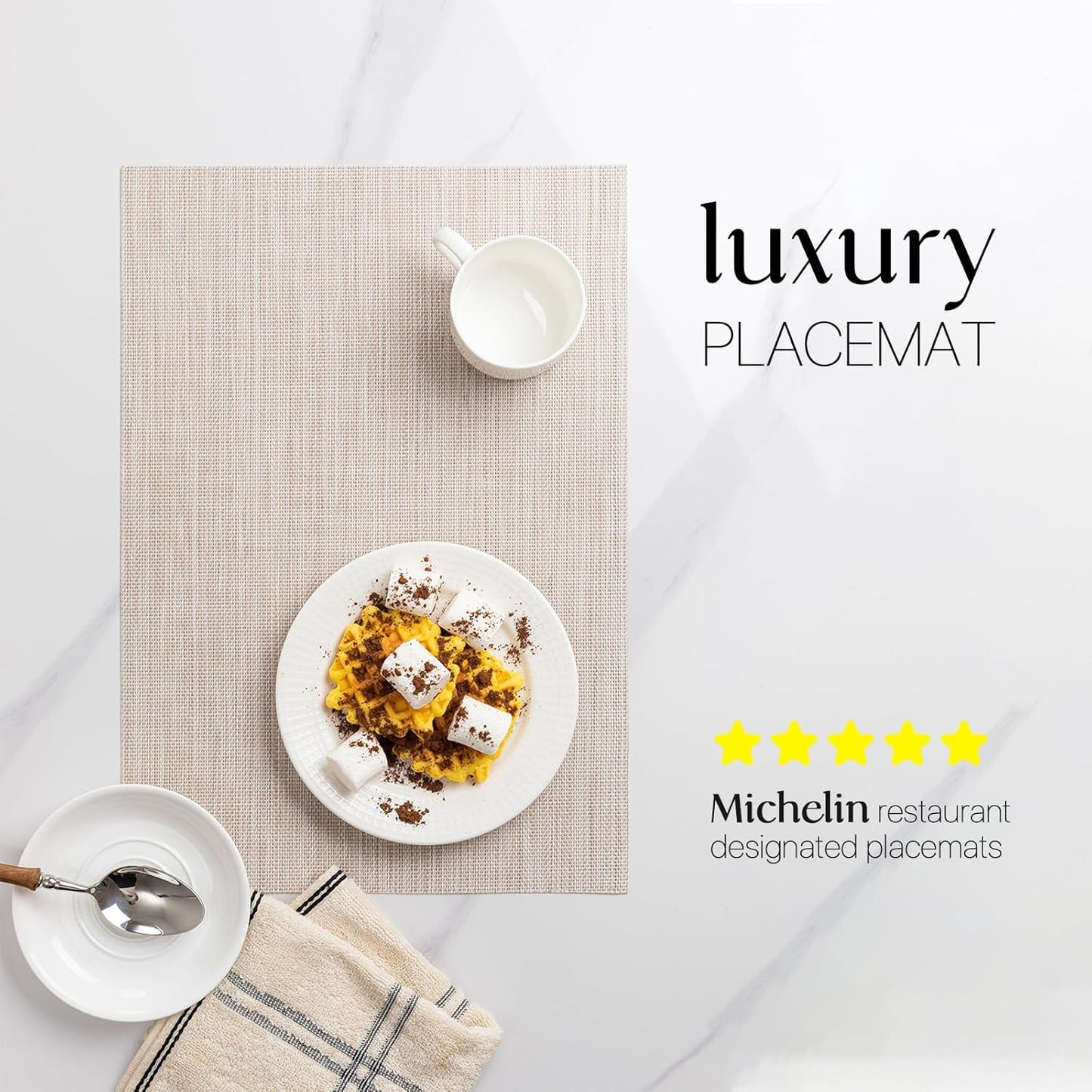 LEXMORE Placemats Set of 6 Vinyl/Plastic Woven Place Mats for Kitchen Table Indoor/Outdoor Washable Placemat Wipeable Dining Table Mats(Beige)