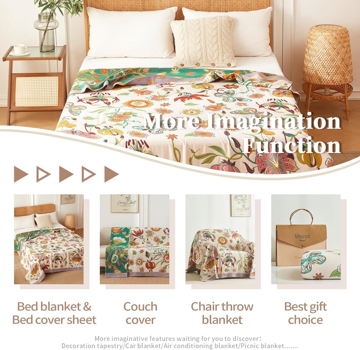 Cotton Throw Blanket Pure Cotton Floral Pattern Large Throw Blanket for Bed Summer Blanket Throw Farmhouse Decor Sofa Cover Bed Decoration (80"x90",05-Butterfly and Flower)