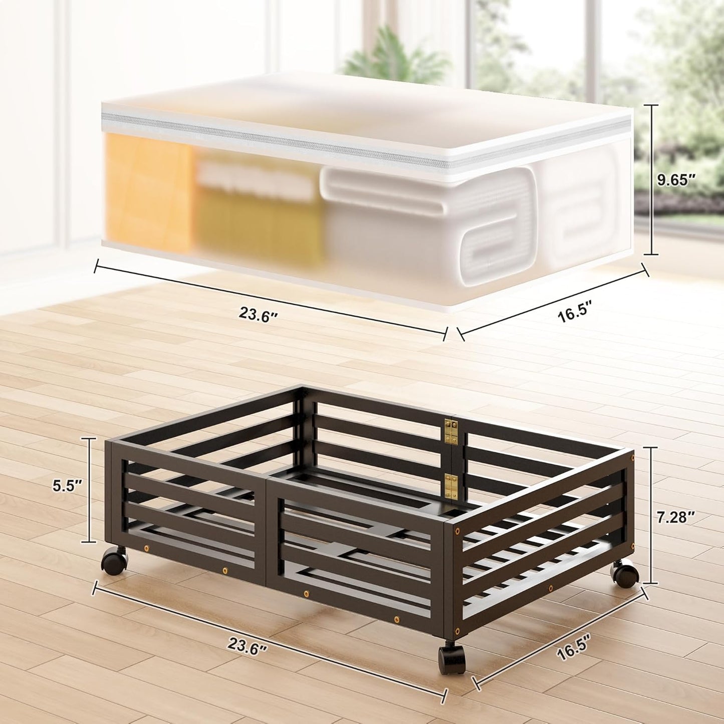 Under Bed Storage with Wheels-Large Bamboo Underbed storage Containers with Large Dust Bag Stackable Under the Bed Shoe Storage Bins for Clothes Books Bedding (2 Packs Black, 23.62"L×16.54"W× 6.51"H)