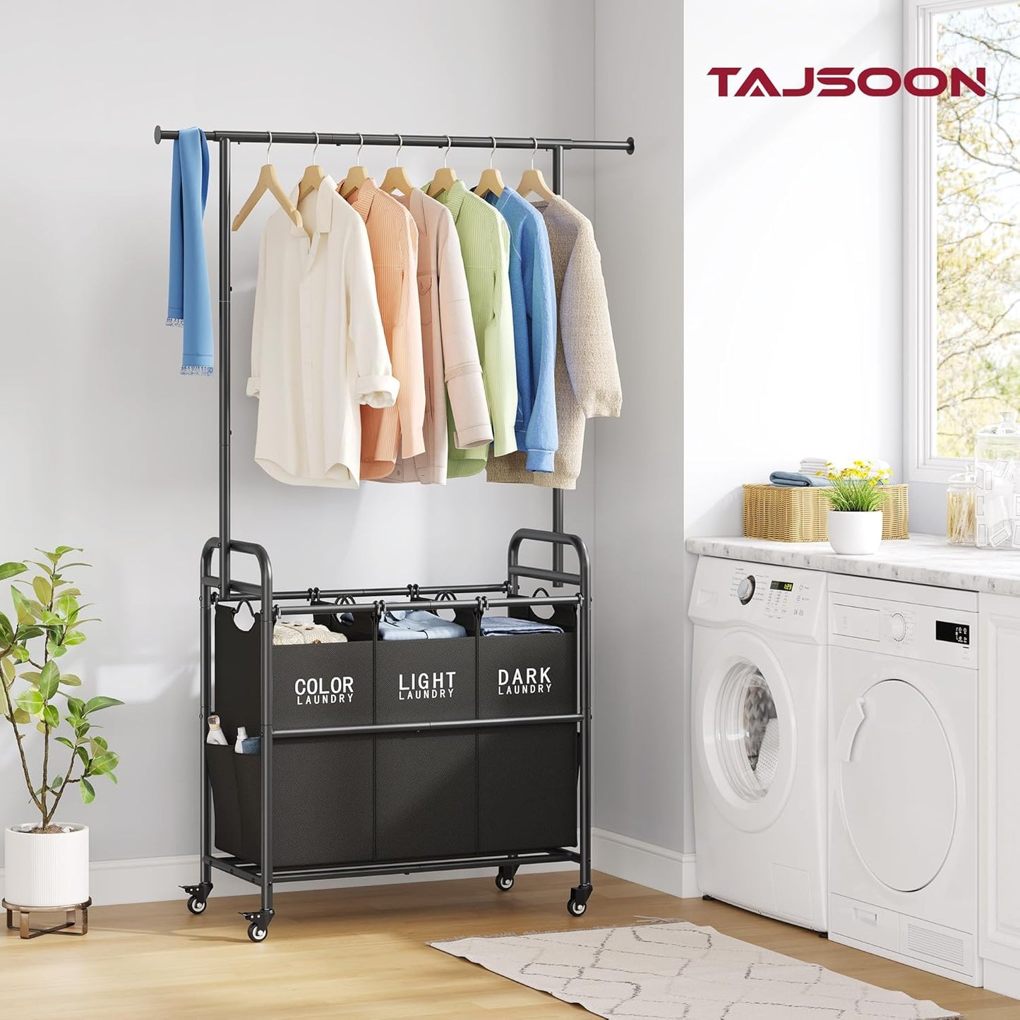 Tajsoon Laundry Sorter Cart with Hanging Rack, Laundry Sorter 3 Section, Laundry Hamper with Heavy Duty Rolling Lockable Wheels, Black