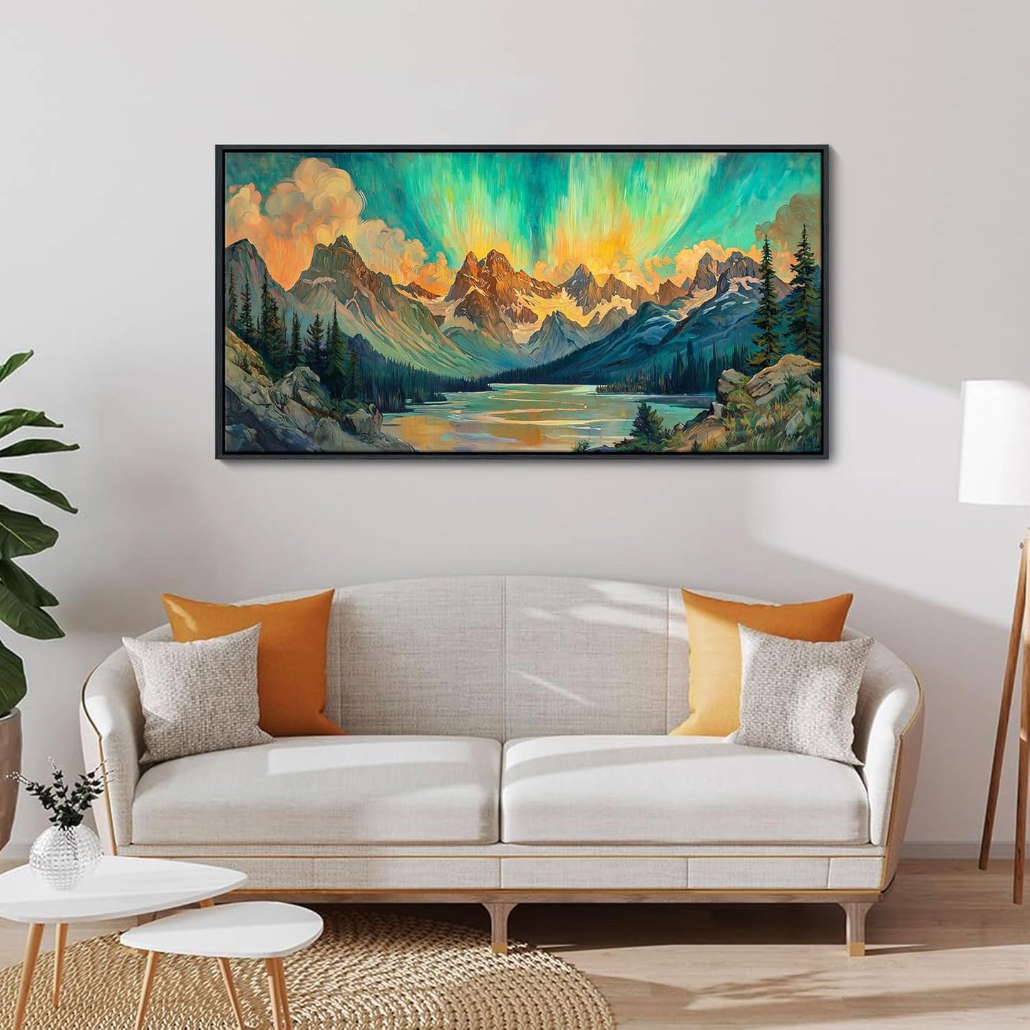 JEAWA Framed Canvas Wall Art - 24x48 In Large Abstract Painting Decor, Textured Mountain Lake Tree Aurora Polaris Pictures, Modern Art Prints for Bedroom Living Room Bathroom Home Decoration