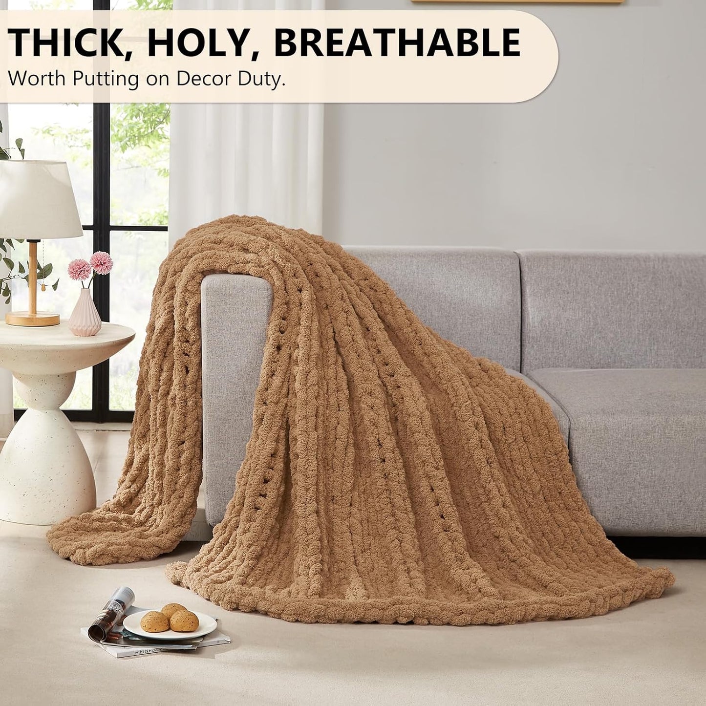 L'AGRATY Chunky Knit Blanket Throw: 80''x90'' Chenille Chunky Knitted Throw Blankets for Bed Couch - Handmade Thick Big Cable Knit Blanket - Large Crochet Rope Blankets for Home Decor(Tan)