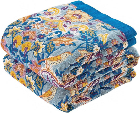 Boho Throw Blanket for Bed, 100% Cotton Soft Rustic Quilt Fall Blanket, 50"x60" Floral Printed Farmhouse Decor Bed Blankets, All Season Rustic Reversible Bohemian Throw Quilt