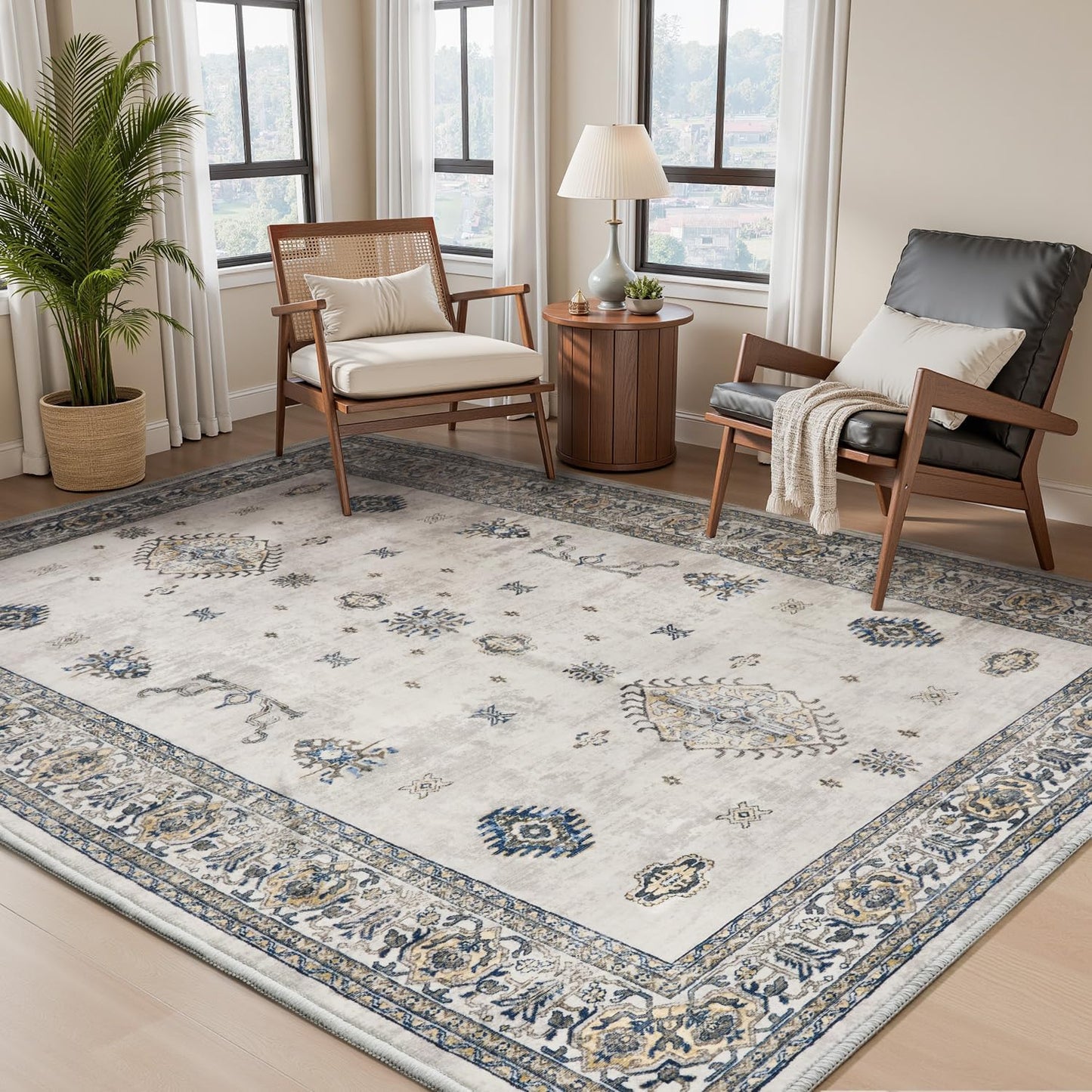 AMOAMI-Vintage Area Rug 3x5 Grey Rugs for Living Room-Soft Washable Rug Non Slip Entryway Rug Indoor Vintage Throw Accent for Bedroom Laundry Room Dining Bathroom Bedside