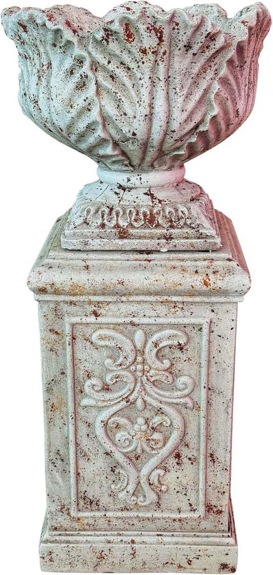 Vintage Garden Urn Planter with Pedestal, Cement and Fiber, Maked Antique, Decorative Leaf Pattern, 14.2x11.8 Inch Pot with 19.3 Inch Stand, Wrap Foam Safely Delivered from Local Warehouse (Antique)
