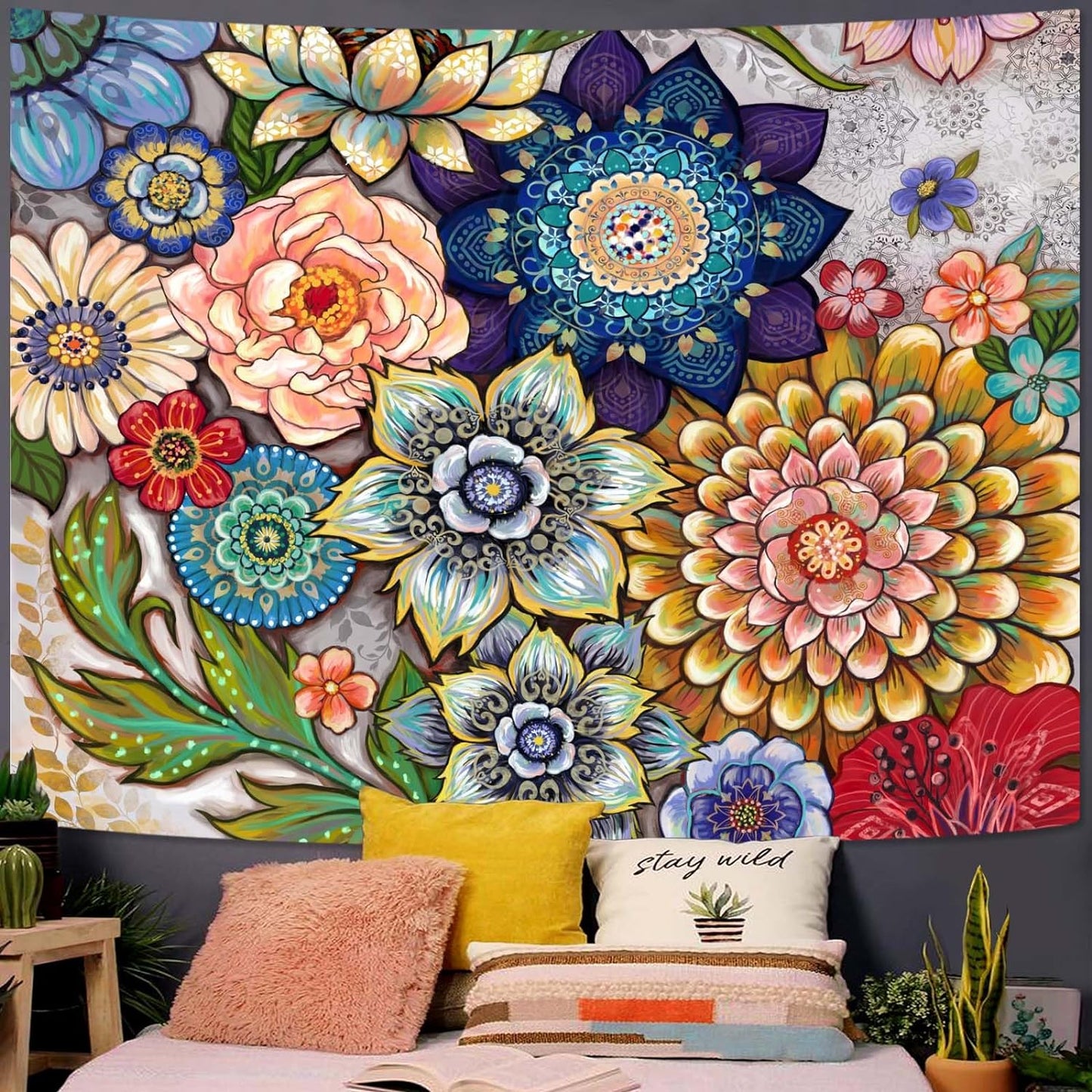 Neasow Colorful Floral Tapestry Wall hanging, Bright Boho Fabric Blossom Tapestries, Multi Color Tapestry for Bedroom Home Hippie Wall Decor 60×80 inch