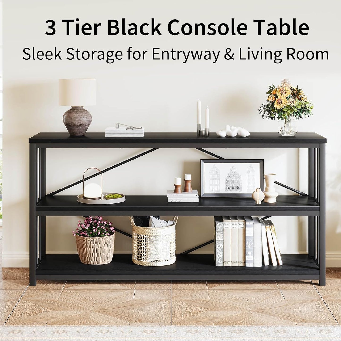 LVB Black Entryway Table, Modern Extra Long Sofa Console Table, Metal Wood Narrow Hallway Table with Storage Shelves, Industrial Skinny Foyer Couch Tables for Living Room Bedroom, Black Oak, 70 Inch