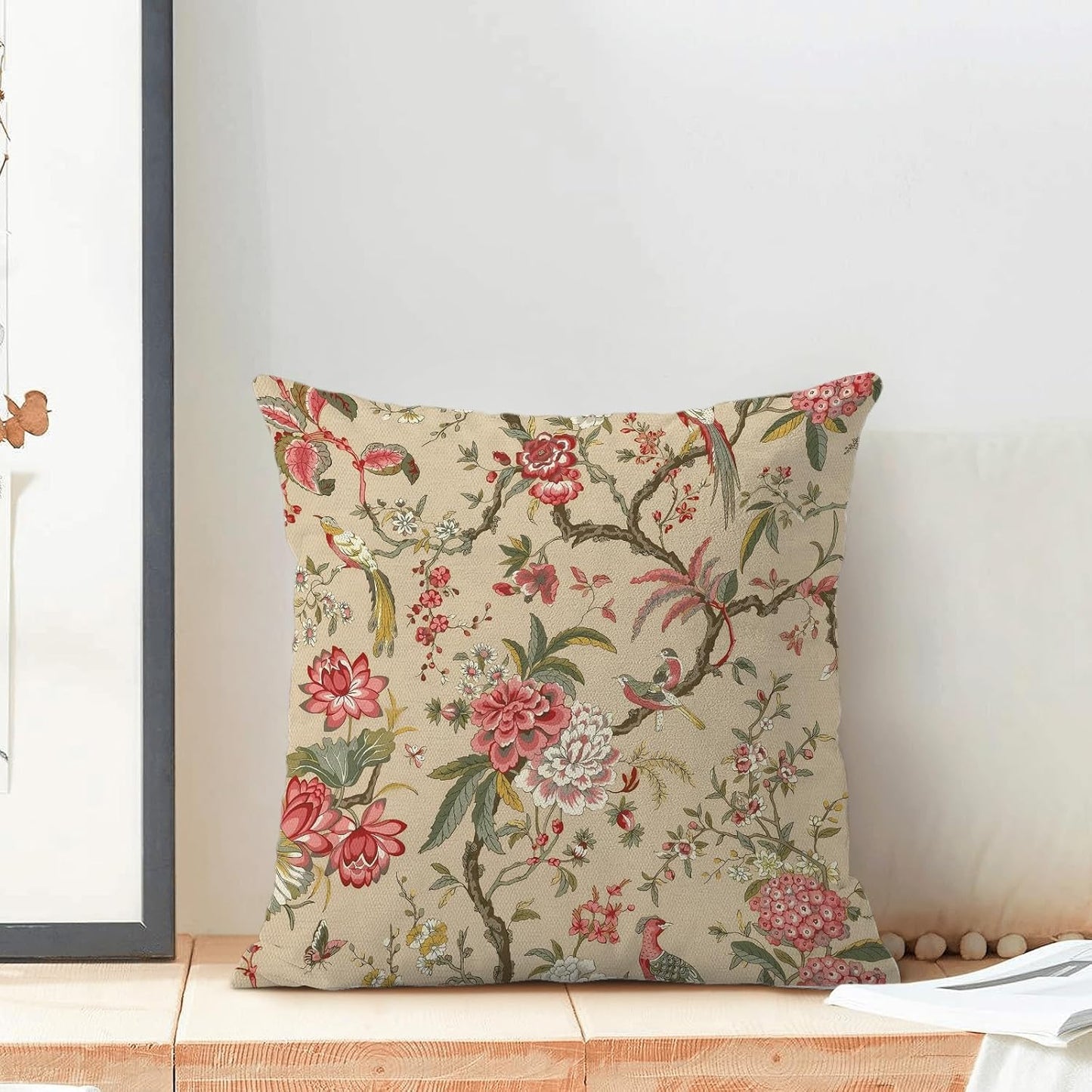 CXMEIFLY Spring Floral Birds Pillow Covers 18 x 18 Inch Set of 2 for Chinoiserie Flowers Decor Throw Pillows Pink Red Plant Outdoor Decorative Cushion Cases for Couch Bed Decorations