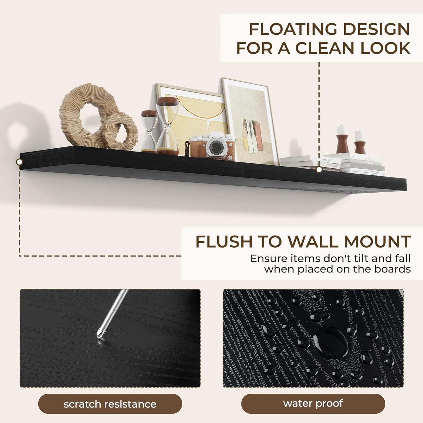 RICHFOCUS 72Inch Floating Shelves for Wall 2 Pack Shelves for Bedroom|Kitchen|Bathroom Wall Mounted Rustic Wood Floating Shelf with Invisible Brackets for Books|Storage|Decor, Black