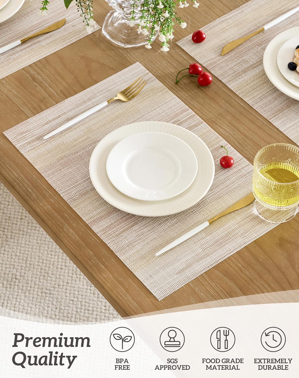 Leetaltree Lightsteel Beige with Yellow Placemats Set of 12 - Heat Resistant Non-Slip Place mats for Dining Table, Washable Durable PVC Vinyl Woven Table Mats (Lightsteel Beige with Yellow, 12)