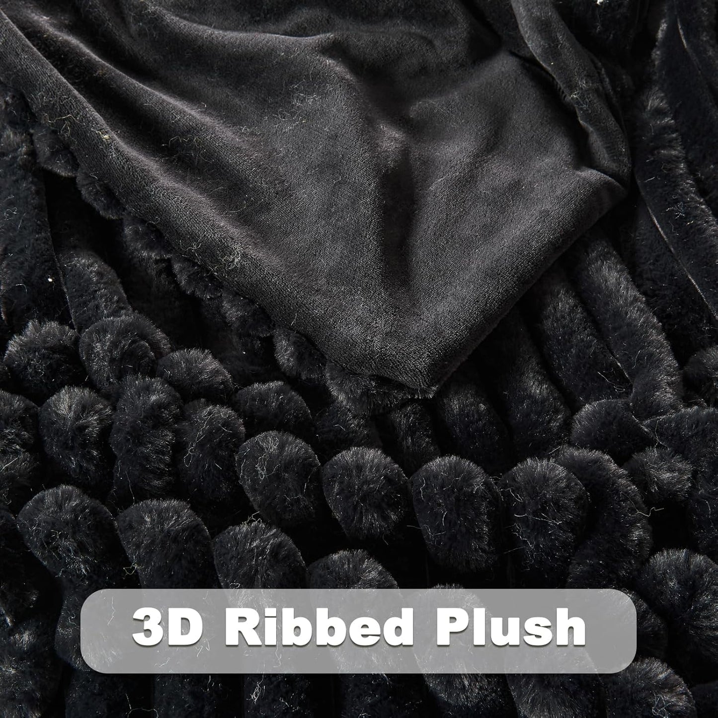 NEWCOSPLAY Faux Fur Twin Blanket Black 3D Ribbed Plush Thick Warm Blanket for Couch Sofa Bed 850GSM (Black Ribbed, Twin(60"x80"))