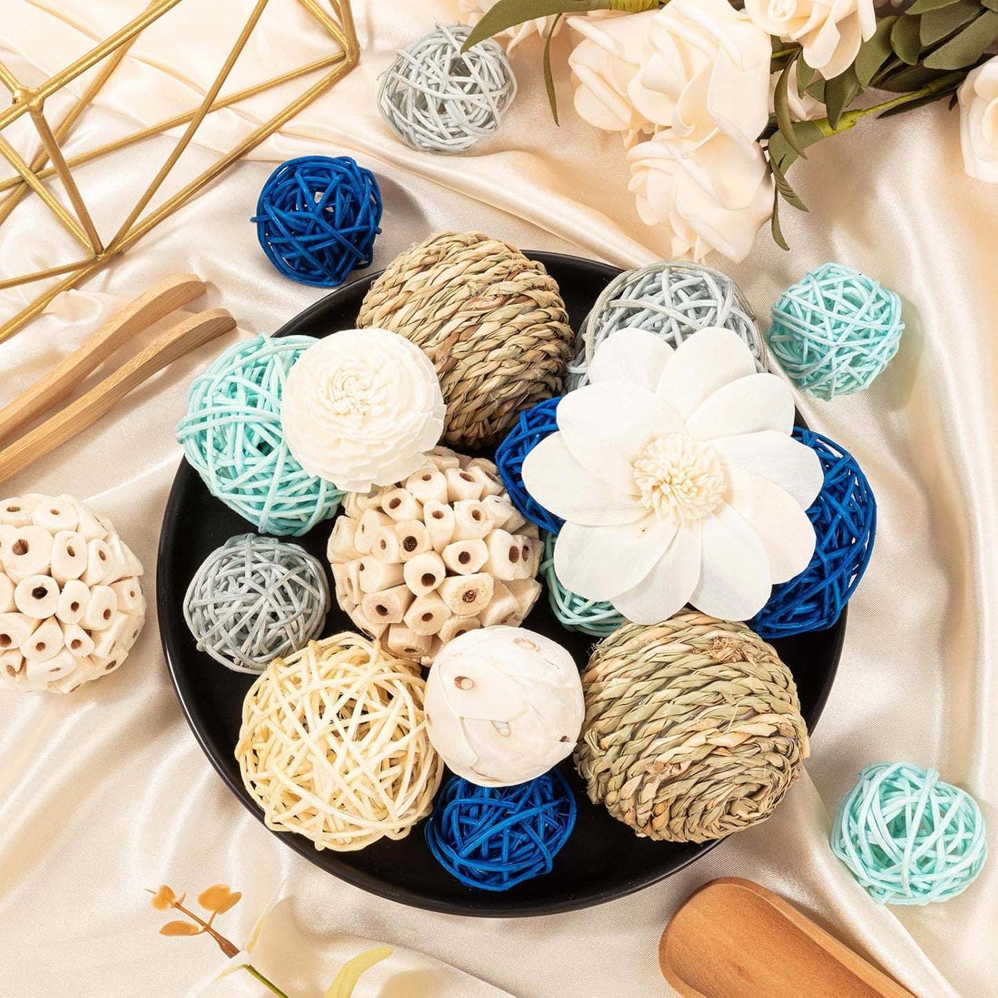 15Pcs Blue and White Decorative Balls for Potpourri Bowl Filler, Bowl Filler for Table Centerpiece Home Decor, Woven Rattan Wicker Balls, Rattan Wicker Orbs Fillers for Vase Jar Dough Bowl