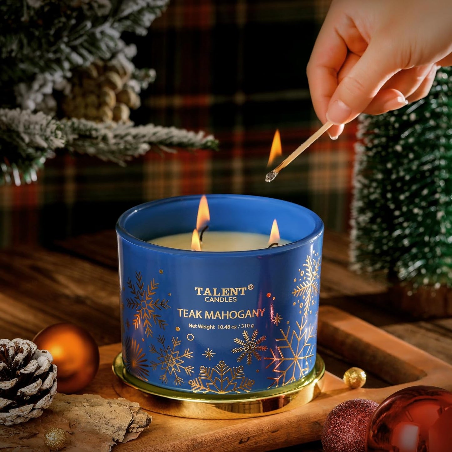 Christmas Candles, Large 3 Wick Jar Candles, Christmas Scented Candles Gifts for Women, Christmas Gift Ideas with Soy Wax Candles, Teak Mahogany