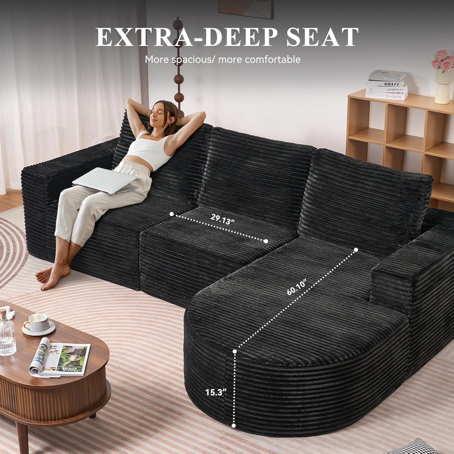 Modular Sectional Sofa with L-Shape Chaise,Cloud Sectional Modern Sleeper Couch with Deep Seat,Sponge Compression Sofas No Assembly Required (Black-Sherpa Fabric) 1PCS