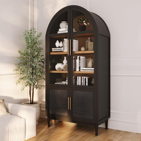 Milliard 74" Tall Arched Kitchen Pantry, Modern Storage Arched Cabinet with Adjustable Shelves and Glass Doors, Living Kitchen Dining Room Cupboard, China Hutch, Bookshelf