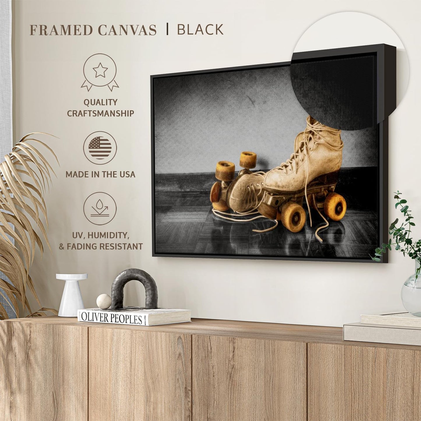ElephantStock Vintage Skates Pop Wall Art - Horizontal Framed Canvas - 1-Piece Living Room Wall Decor - Sport Photography Canvas Print - Beige and Black Decor for Wall - 19" X 13"