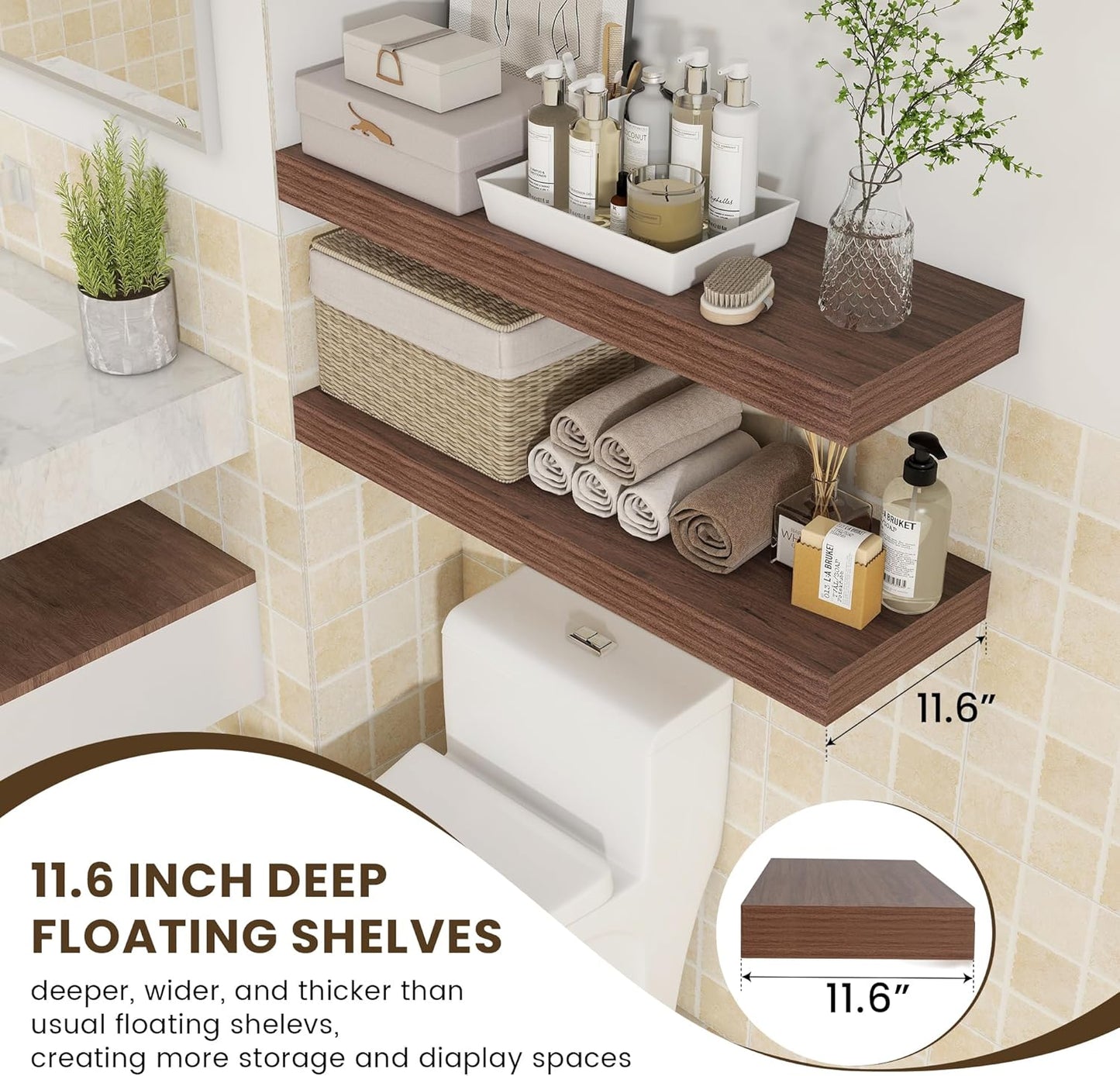 Deep Floating Shelves for Wall, 36'' x 12'' Rustic Large Floating Shelves Set of 2, 12 Inch Deep Walnut Wood Wall Shelves for Living Room Bathroom Laundry Room Bedroom Kitchen Home Office - Walnut