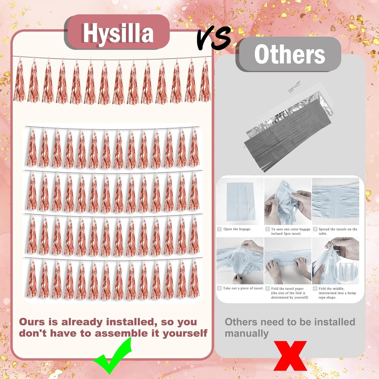 3P Rose Gold Foil Fringe Metallic Tassel Streamers Banner Tassel Garland for Parade Floats, Bachelorette, Wedding, Birthday, Halloween, Christmas, Bridal/Baby Shower Party Decorations