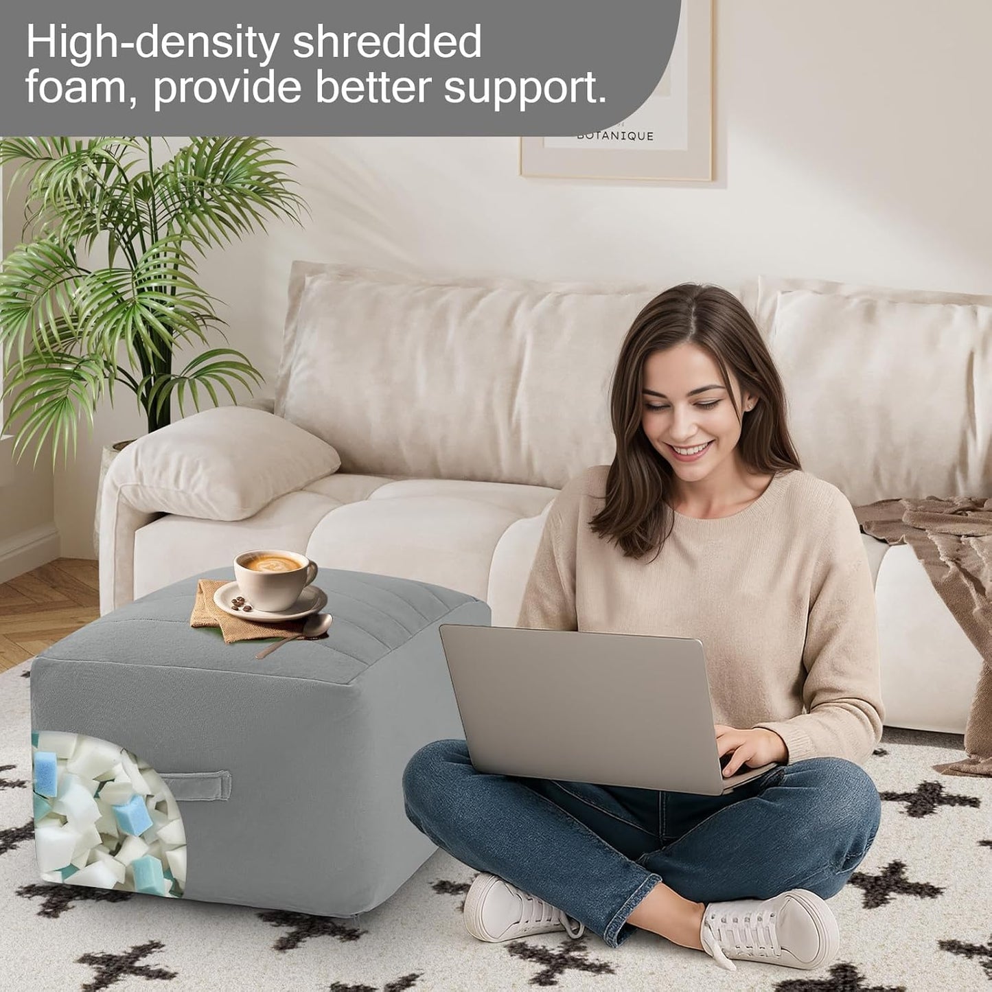 MeMoreCool Square Stuffed Pouf Ottoman Foot Rest, Floor Pouf Foot Stool with Foam Chunk Filling, Soft Stuffed Ottoman Footrest for Living Room, Light Grey