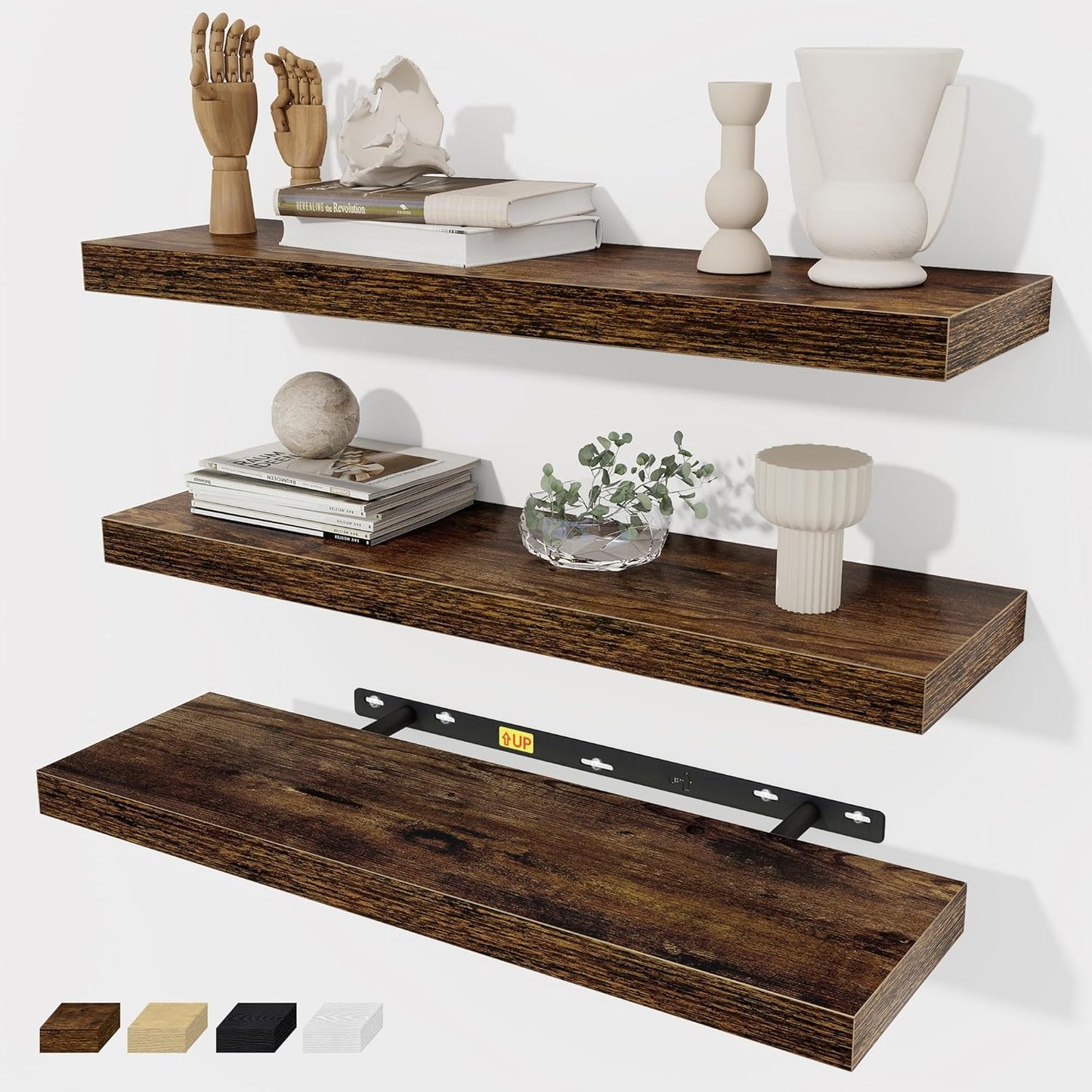 Fun Memories Floating Shelves Wall Shelf 24 inches Long, Farmhouse Bathroom Shelves Bedroom Kitchen Living Room Shelf Wall Mounted, 24 x 6.7 x 1.4 inch Set of 3, Rustic Brown