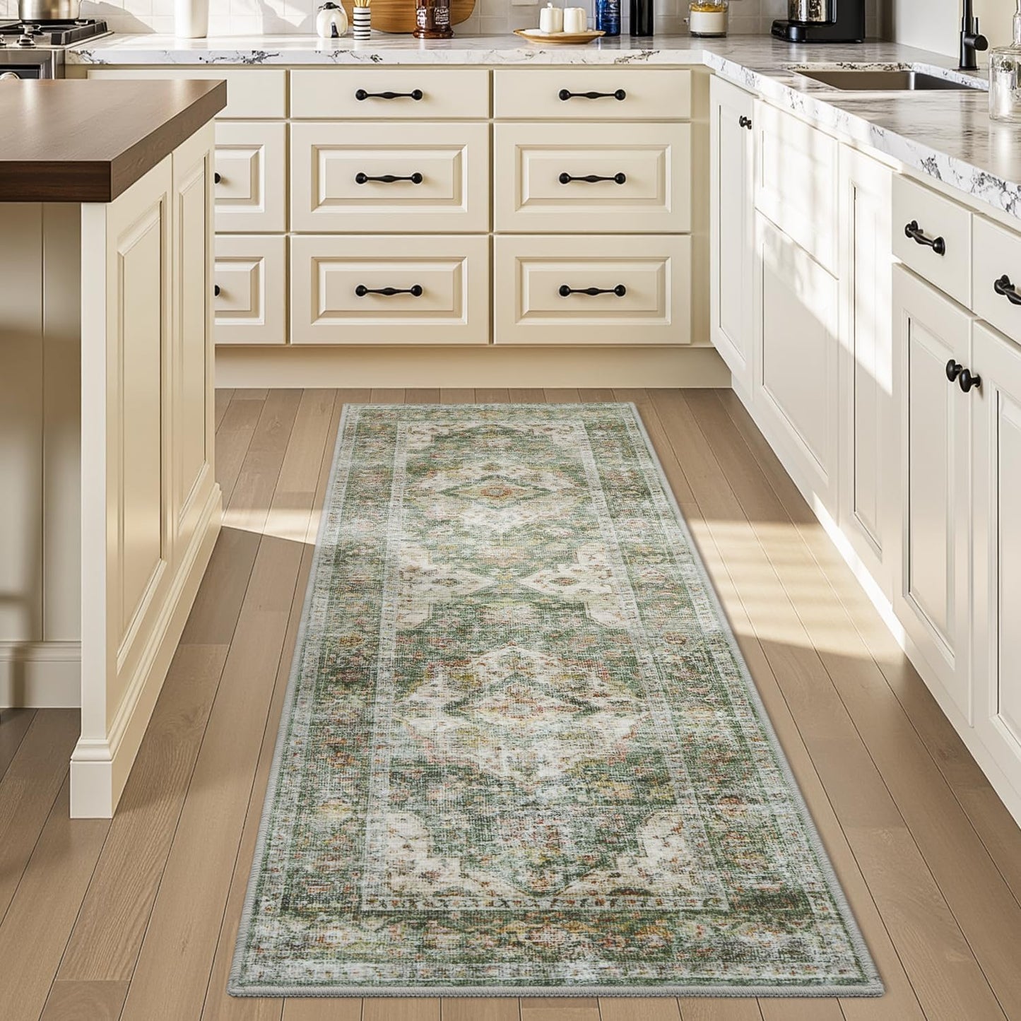 AMOAMI-2X6 Runner Rug-Washable Runners for Hallways-Soft Non Slip Bedside Rugs for Bedroom-Vintage Long Rug for Hallways Entryway Laundry Room Stair Kitchen Bathroom Olive Green